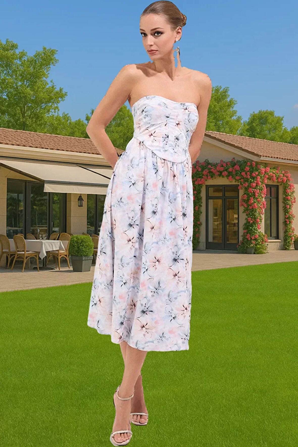 Feminen Çiçekli Poplin Dokuma Midi Astarlı Abiye Elbise Özel Tasarım Dayanıklı Malzeme Modern Stil