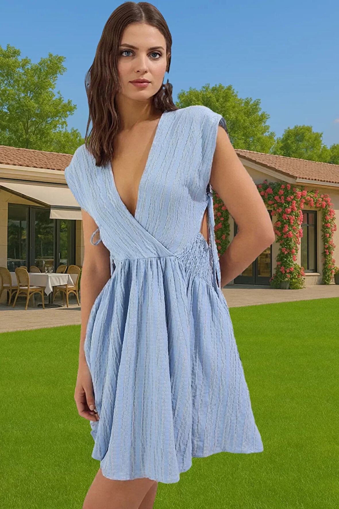 Plaj Elbisesi V Yaka Mini Elbise Keten Karışımlı Yazlık Elbise Yüksek Kalite Özenle Seçilmiş