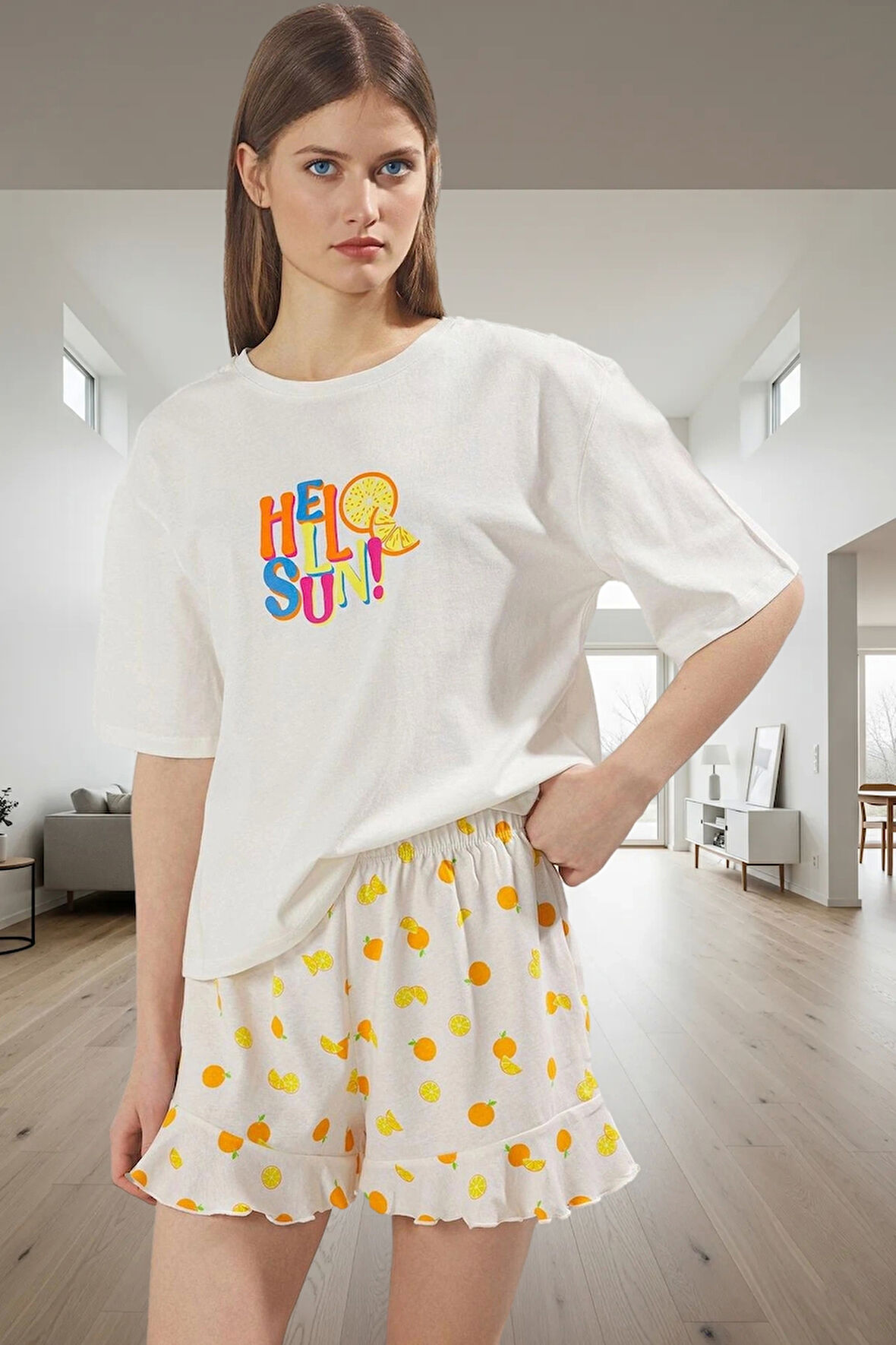 Rahat %100 Pamuklu Pijama Takımı Meyve Desenli Volanlı Şortlu Yazlık Günlük Kullanım İçin