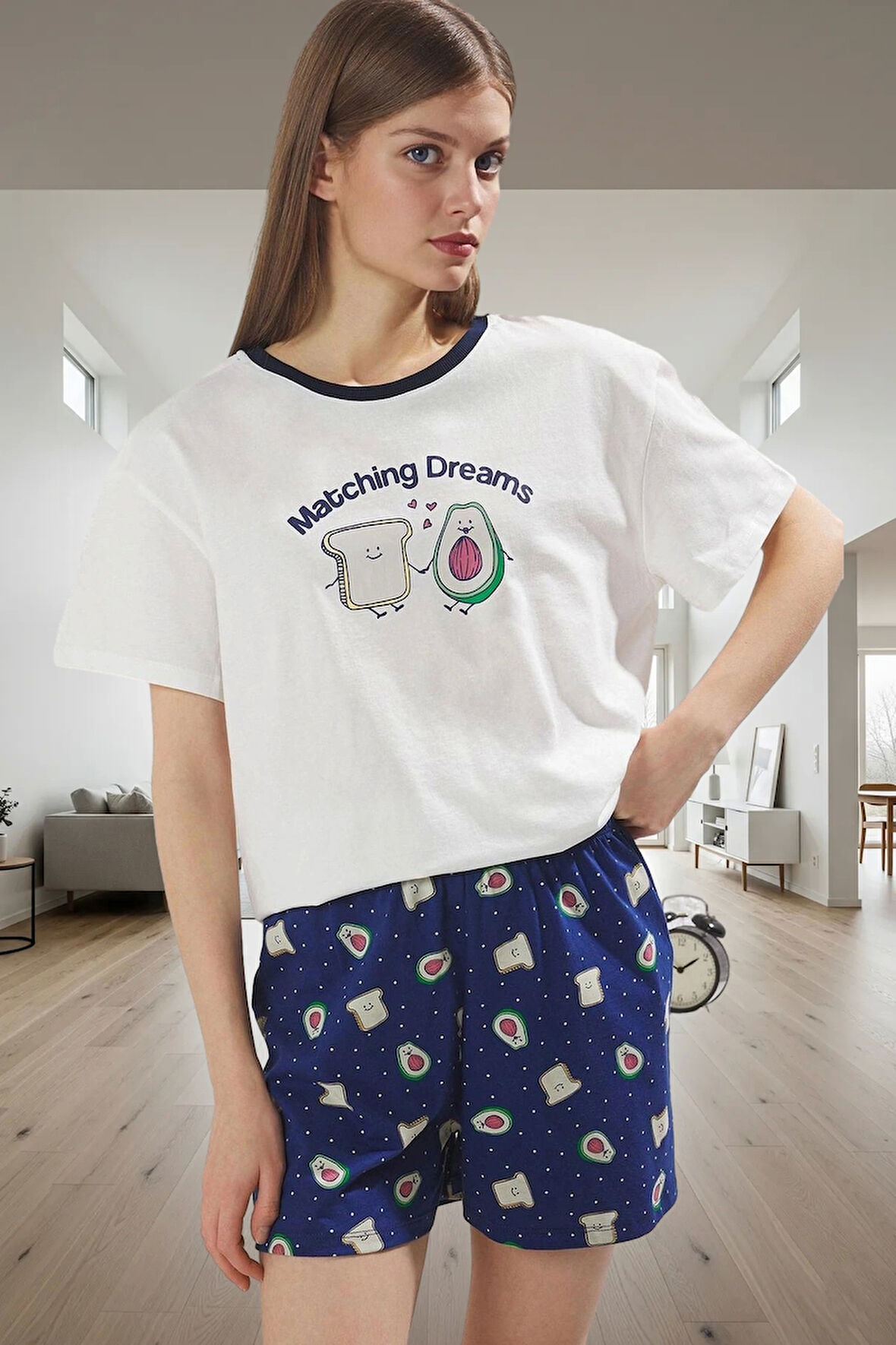 Örme Pamuklu Kadın Pijama Takımı Rahat Nefes Alabilir Avokado Desenli Uzun Ömürlü Kullanım