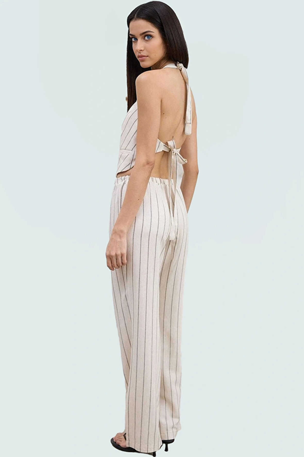 Nefes Alan Pamuklu Keten İkili Takım Çok Çizgili Rahat Kullanım Modern Stil Ve Şık