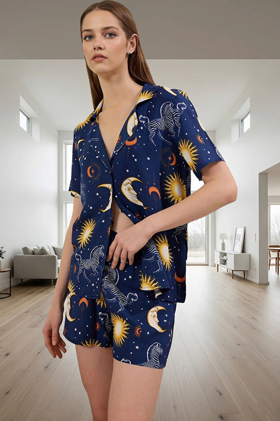 Rahat Kalıp Kısa Kollu Viskoz Pijama Takımı Bohem Galaksi Desen Yaz İçin Şık Görünüm