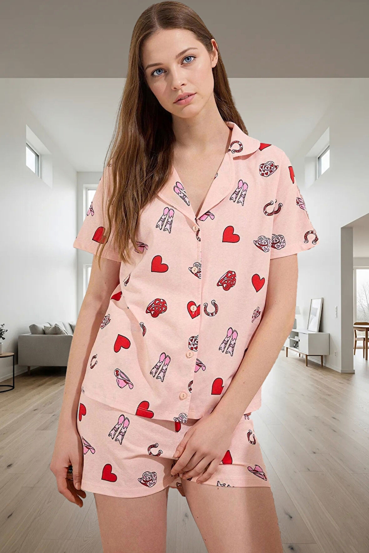 Yazlık Pamuk Örme Pijama Takımı Kalpli Kovboy Desenli Regular Kalıp Günlük Kullanım İçin