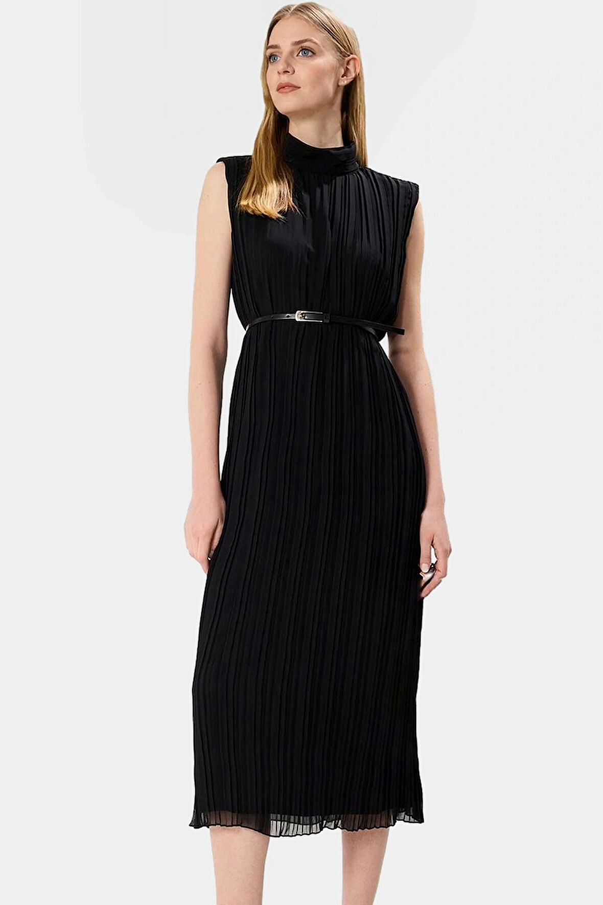 Polyester Şifon Midi Elbise Düz Kesim Piliseli Kemer Detayı Dayanıklı Malzeme Rahat Ve Şık