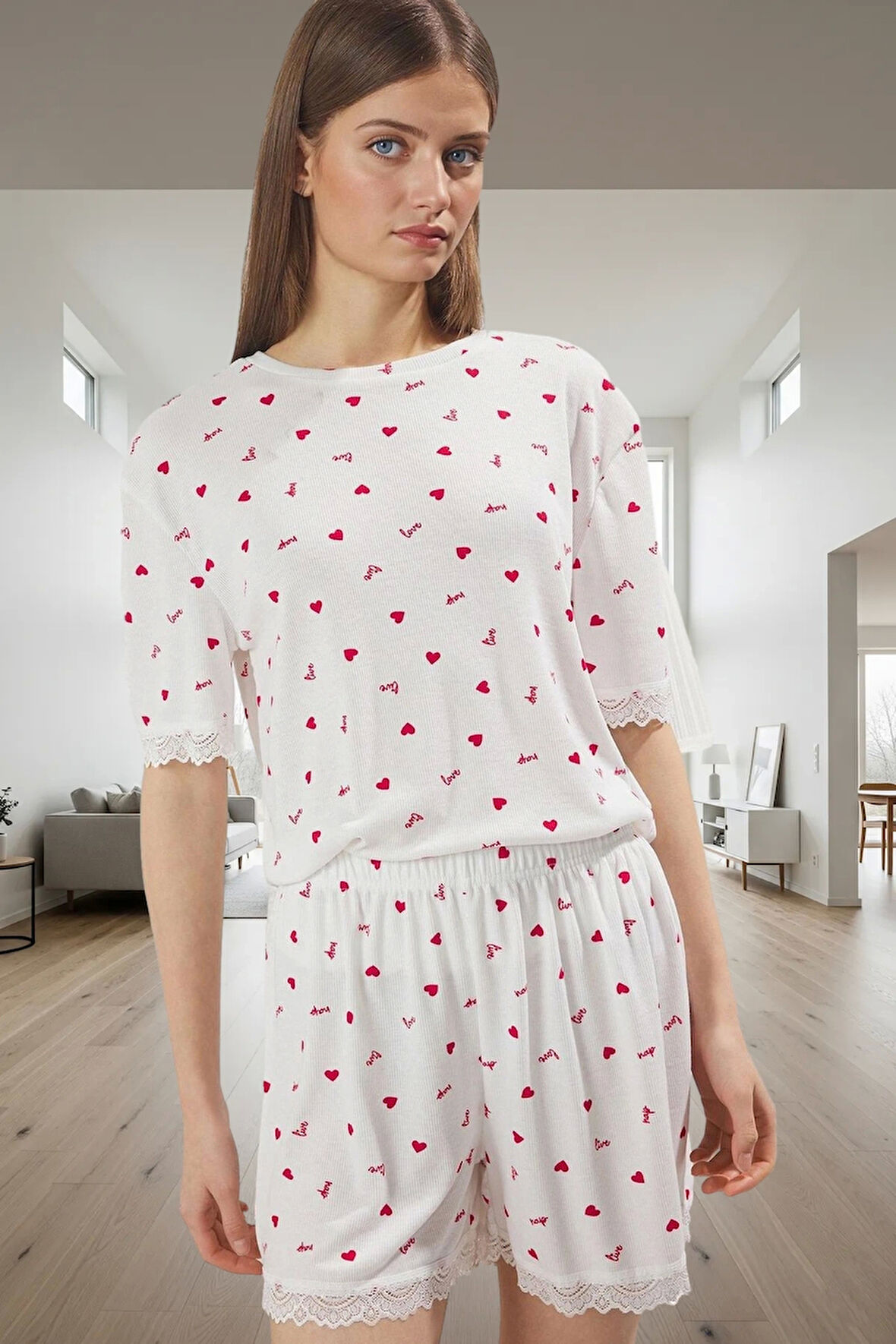 Ev Giyim Örme Pijama Takımı Renk Kalp Desenli Dantel Detaylı Rahat Özel Tasarım