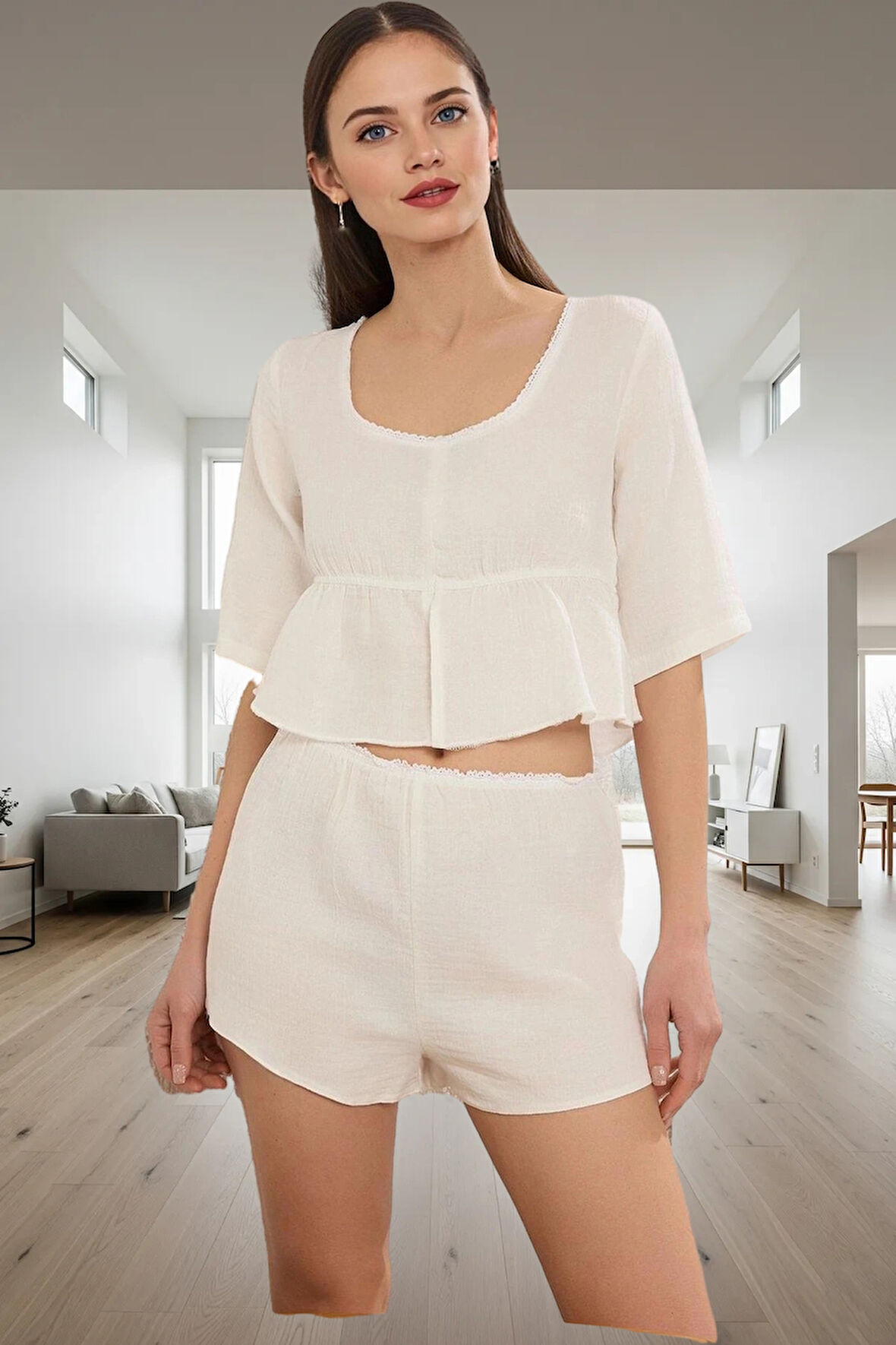 Ev Giyim Seti %100 Pamuk Dantel Detaylı Müslin Şortlu Pijama Takımı Özenle Seçilmiş Trend Tasarım