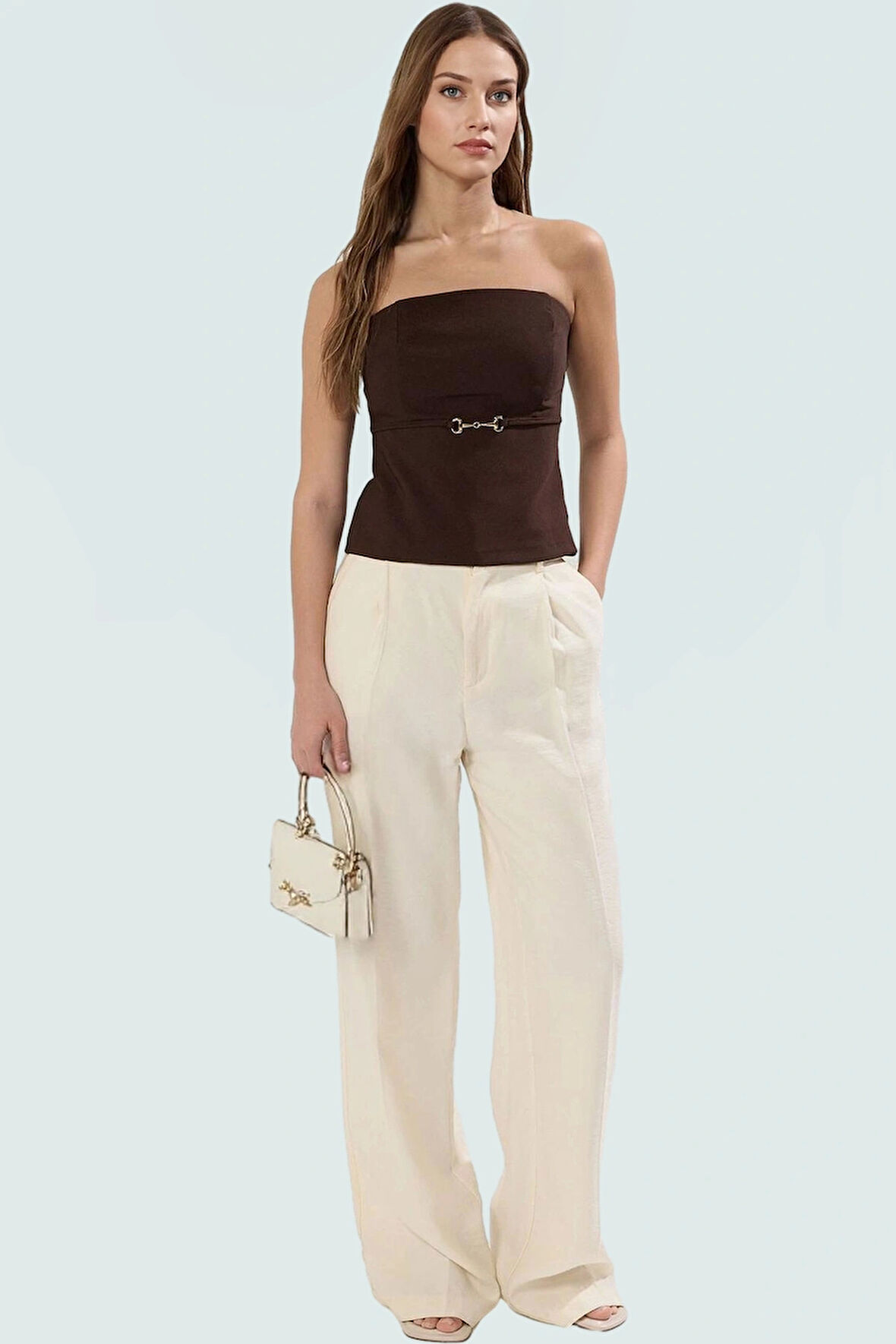 Yazlık Straplez Bluz Regular Kalıp Finike Dokuma Şık Kemer Detayı Konforlu Kesim