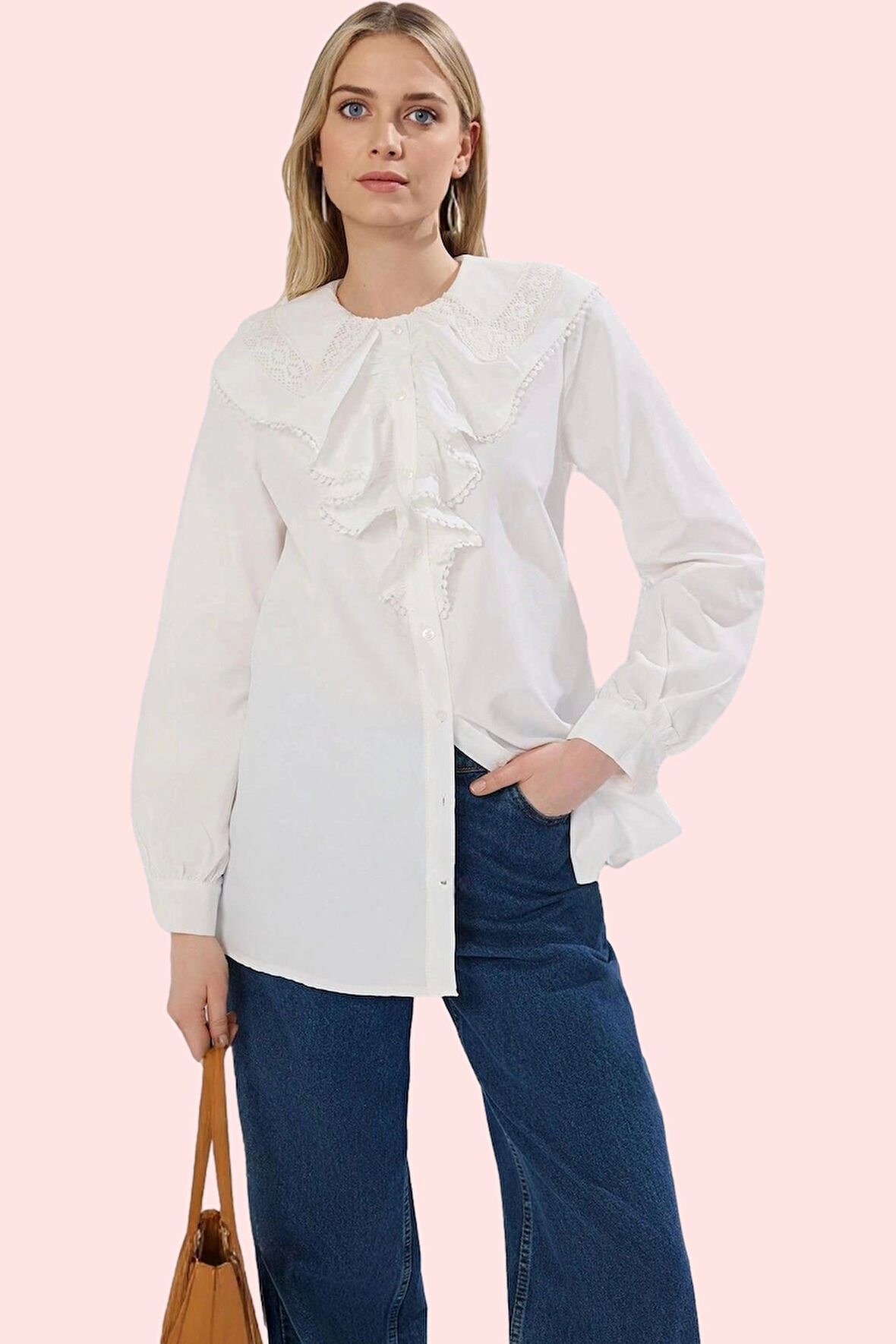 Kadın Uzun Kollu Gömlek Terrycotton Dokuma Dantel Detaylı Günlük Stil Yaz Aylarının Vazgeçilmezi