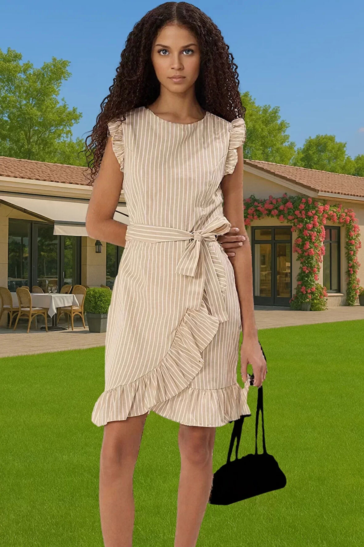 Yazlık Kadın Mini Elbise Poplin Kumaş Çizgili Desen Bel Kuşağı Uzun Ömürlü Kaliteli İşçilik