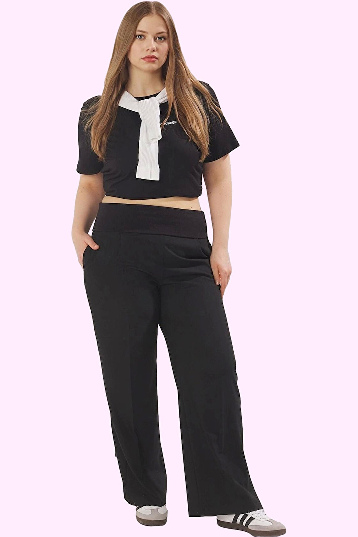 Kadın Büyük Beden Geniş Paça Pantolon Yüksek Bel Günlük Kullanım İçin İdeal Seçim Hafta Sonu