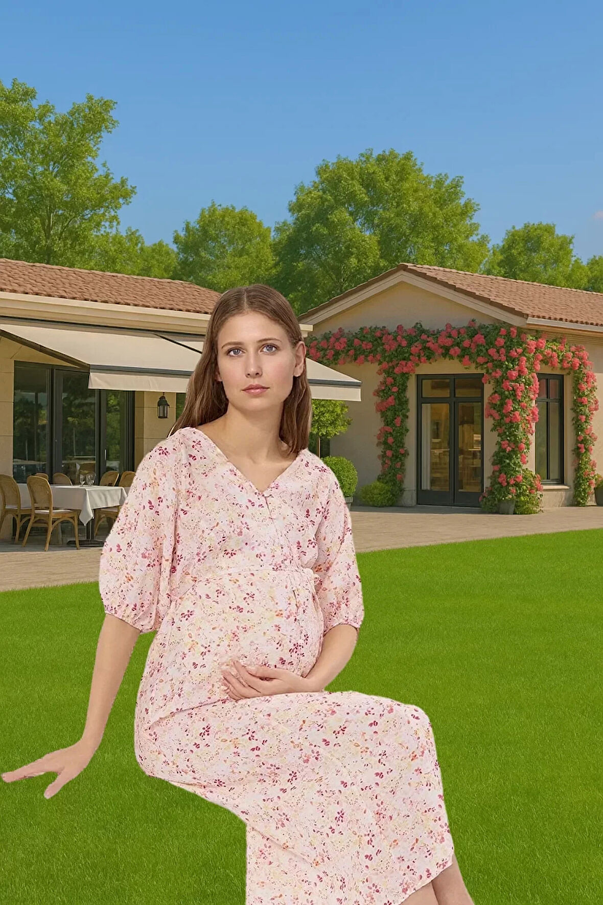 Hamile Yazlık Çiçekli Midi Elbise Reglan Kol Viskoz Kumaş Mükemmel Uyum Seçkin Malzeme Özel Tasarım