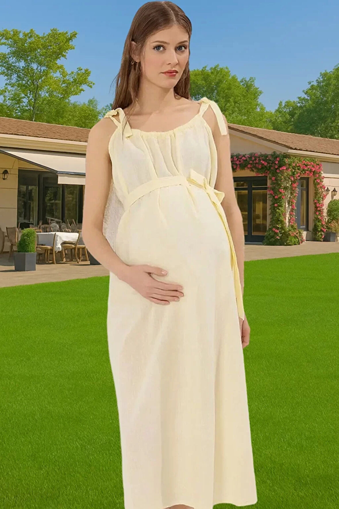 Yazlık Hamile Elbisesi Pamuklu Terrycotton Kare Yaka Bel Bağlamalı Konforlu Kesim Modern Stil