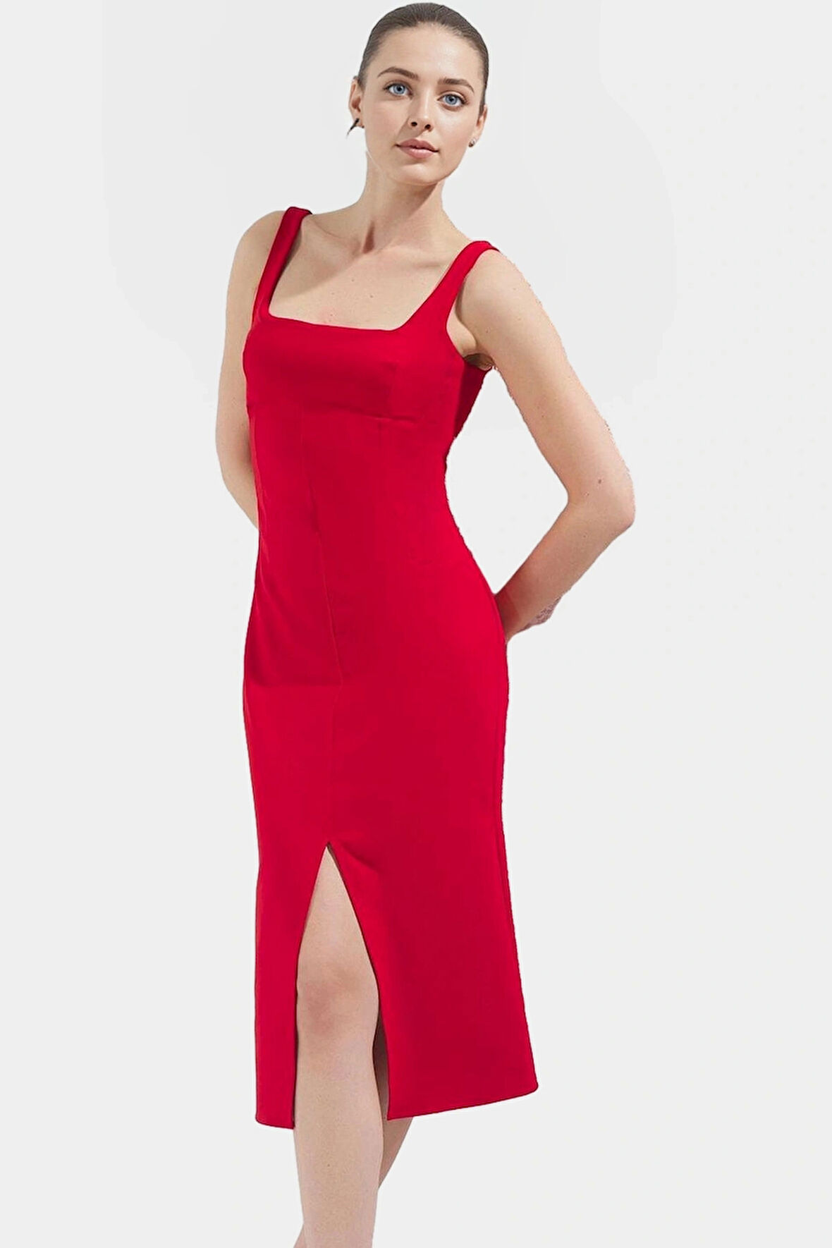 88% Polyester Yazlık Midi Elbise Kolsuz Vücudu Saran Dokuma Kumaş Smart Stil Profesyonel Görünüm