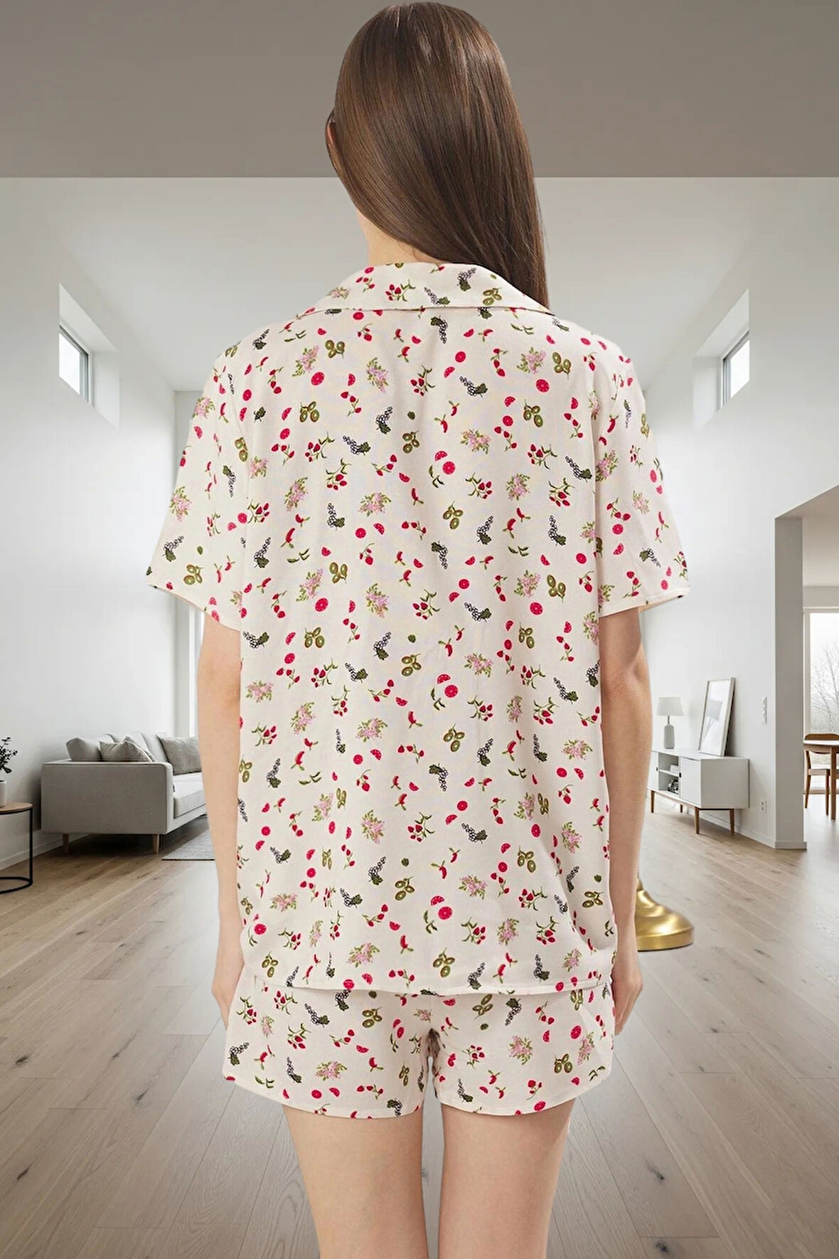 Rahat Yazlık Pijama %100 Viskon Çok Çiçek Desenli Şortlu Shally Dokuma Şık Görünüm