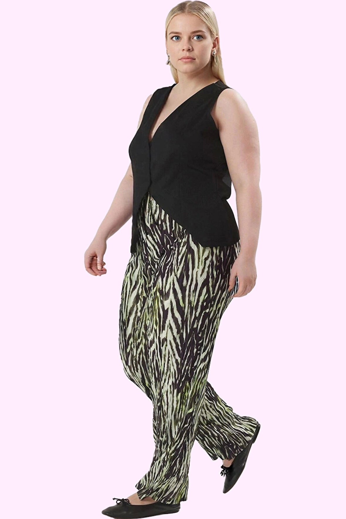 Kadın Büyük Beden Örme Pantolon; Yüksek Bel Geniş Paça Animal Desen 100% Polyester Günlük Kombinler