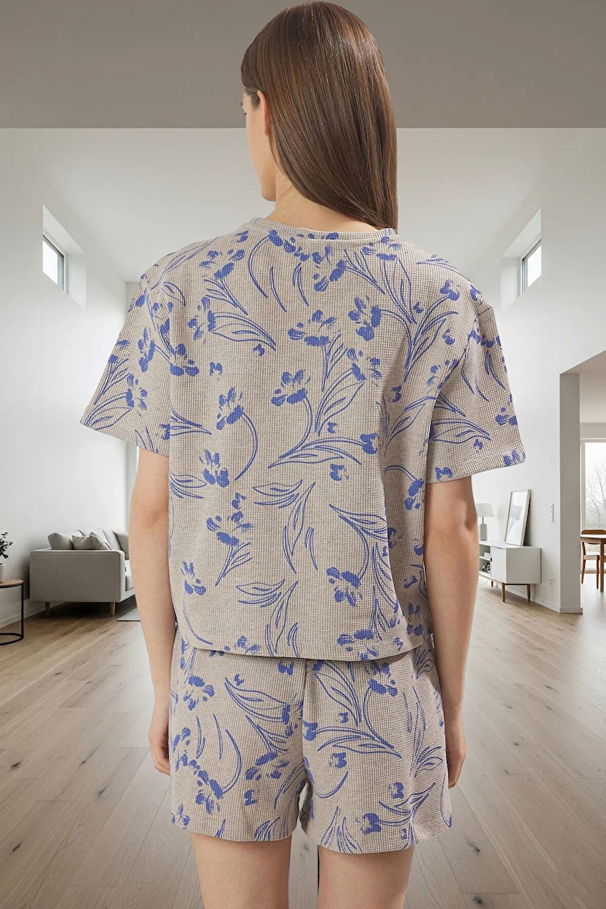 Yazlık Çok Çiçek Desenli Pijama Takımı Nefes Alan Waffle Kumaş Regular Kalıp