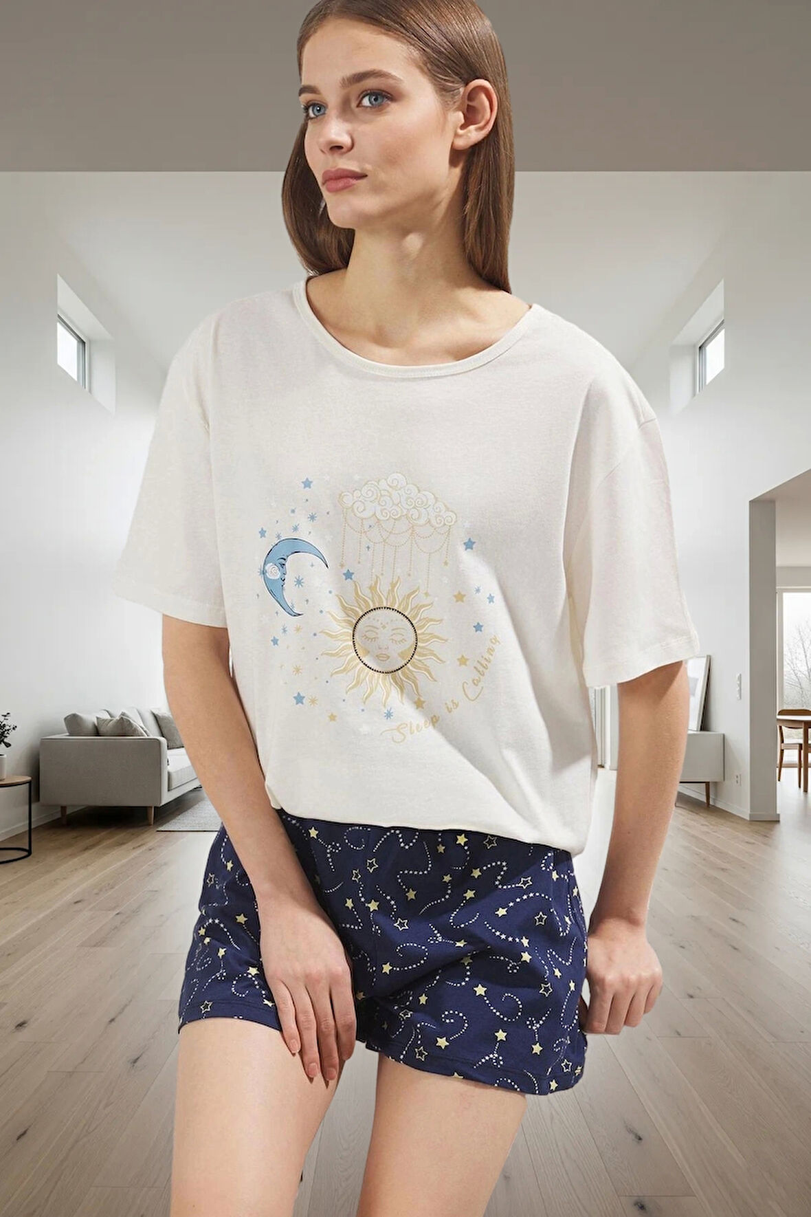 Homewear Pijama Takımı Yumuşak Pamuk Rahat Kalıp Galaksi Deseni Konforlu Kesim