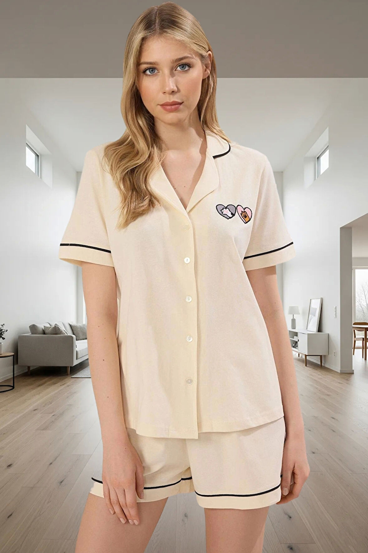 Yazlık Örme Pijama Takımı Renk Nakış Detayları 2'li Set Rahat Kalıp Konforlu Kesim