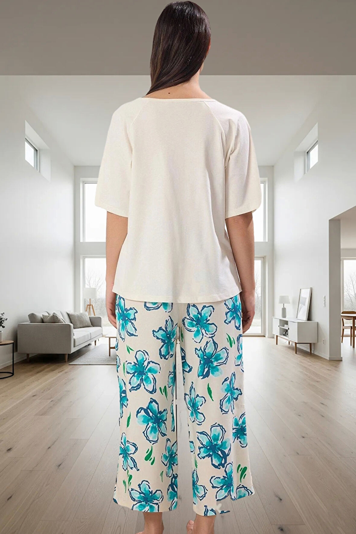 Evde Rahatlık %100 Pamuklu Çiçekli Pijama Takımı Regular Kalıp Şık Görünüm Yüksek Kalite