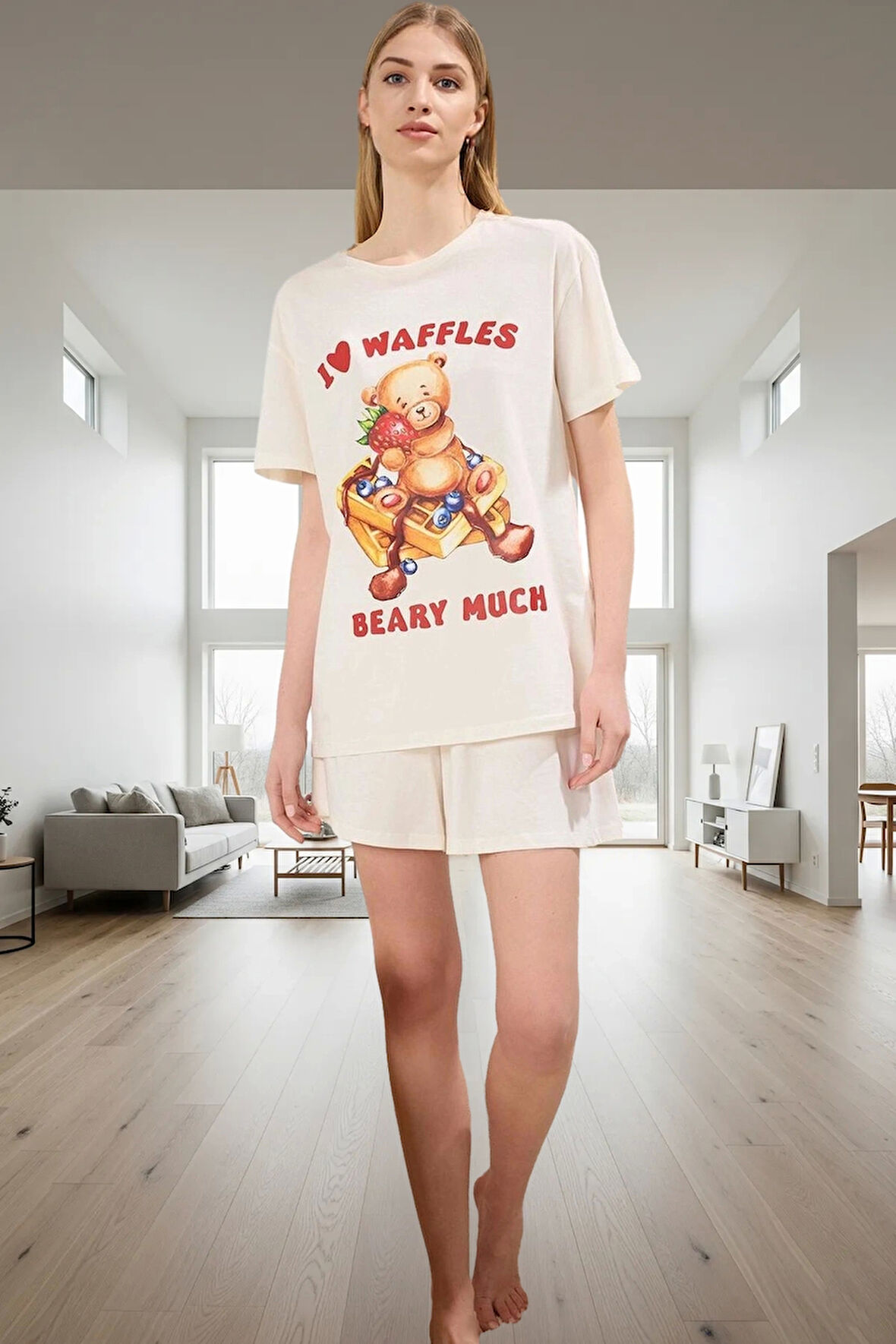 Yazlık Örme Pamuklu Pijama Takımı; Ayıcıklı Desen Renk Rahat Kalıp Şık Görünüm Modern Stil