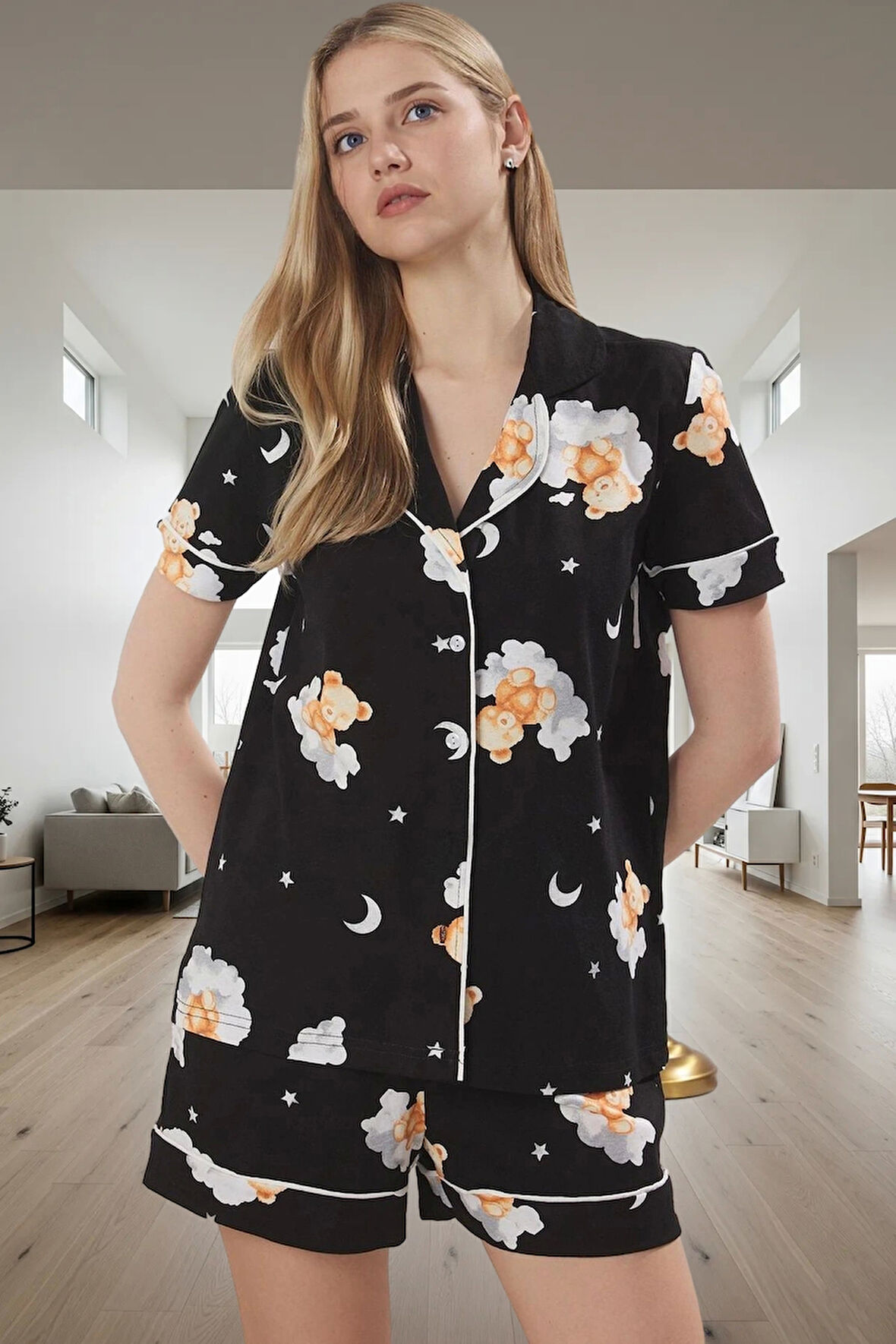 Yazlık Biyeli Şortlu Pamuklu Pijama Takımı Ayıcık Desenli Zarifane Tasarım Trend