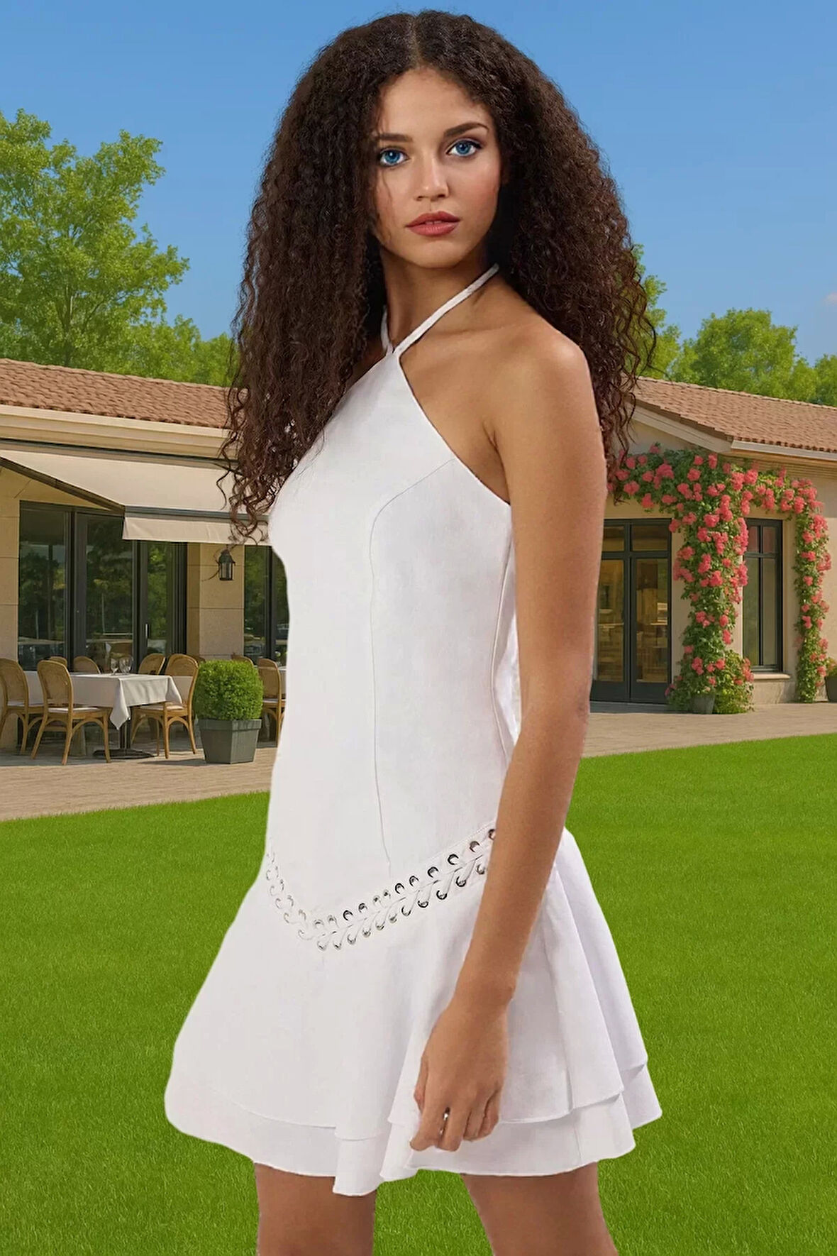 Halter Yaka Fırfırlı Poplin Mini Elbise A Kesim Yazlık Yüksek Kalite Rahat Kullanım Premium Kalite