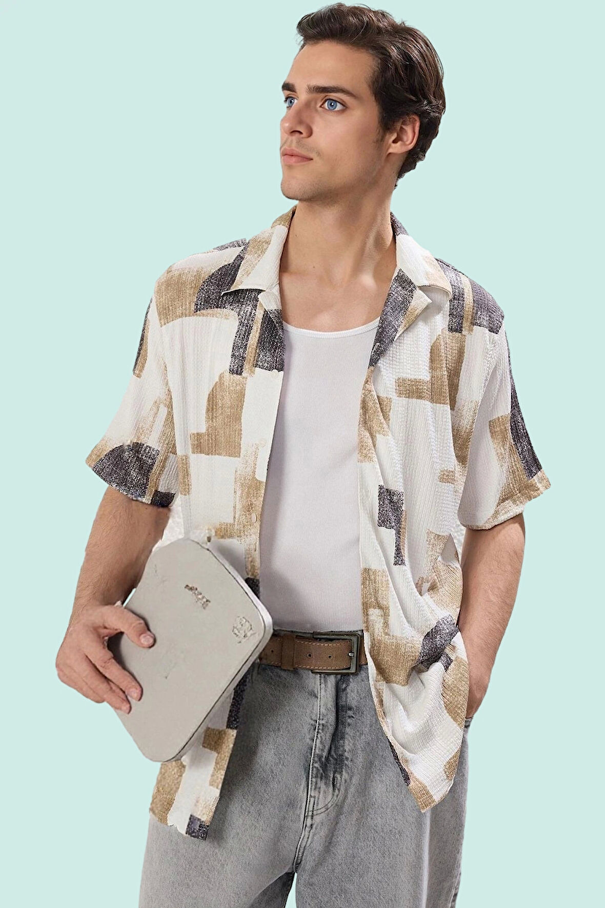 Erkek Şık ve Rahat Apaş Yaka Çizgili Kısa Kollu Gömlek Yazlık Bürümcük Dokuma Günlük Kullanım