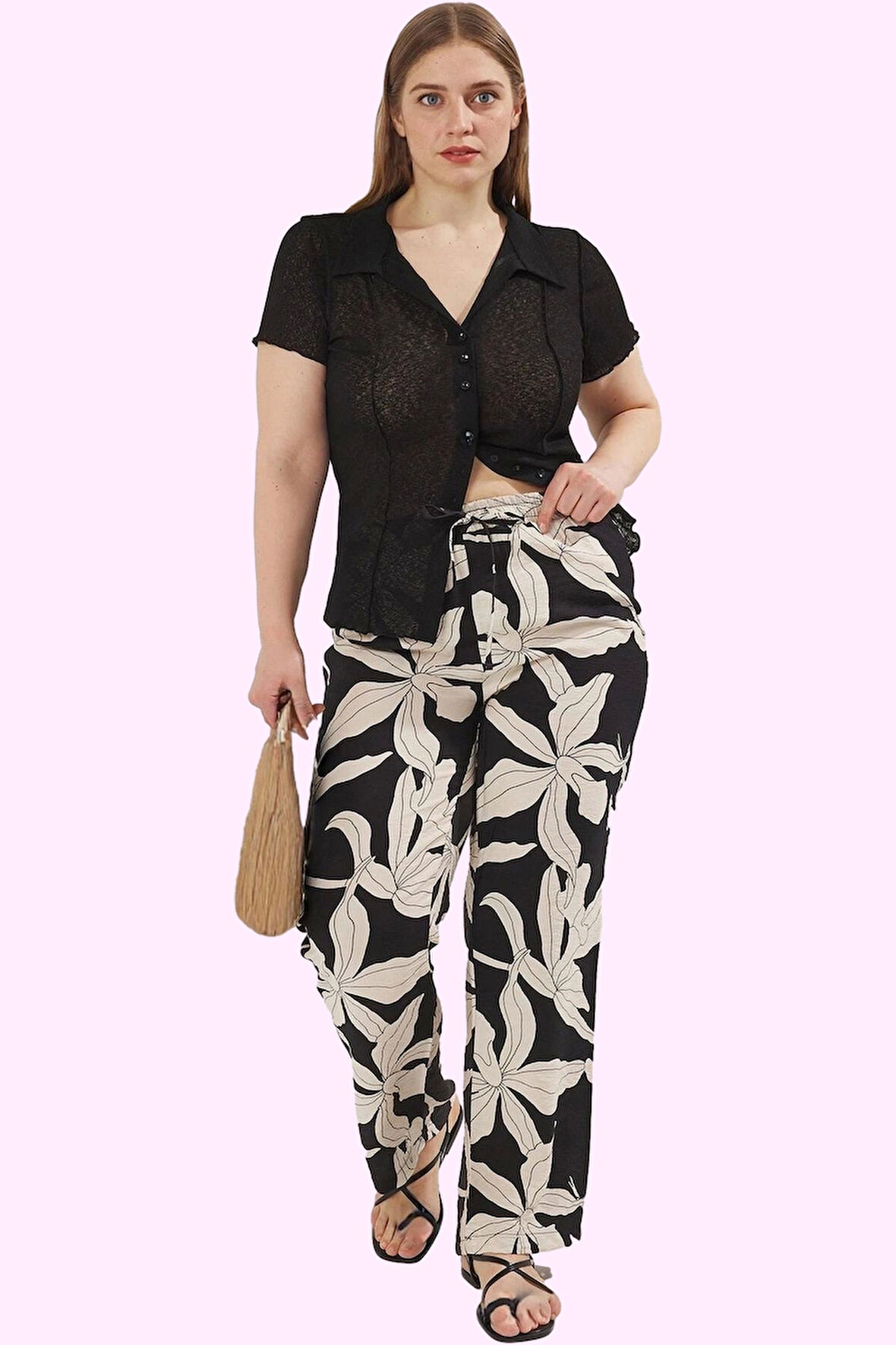 Kadın Büyük Beden Rahat Geniş Paça Pantolon Yazlık Çok Desenli Dokuma Kumaş Günlük Kullanım