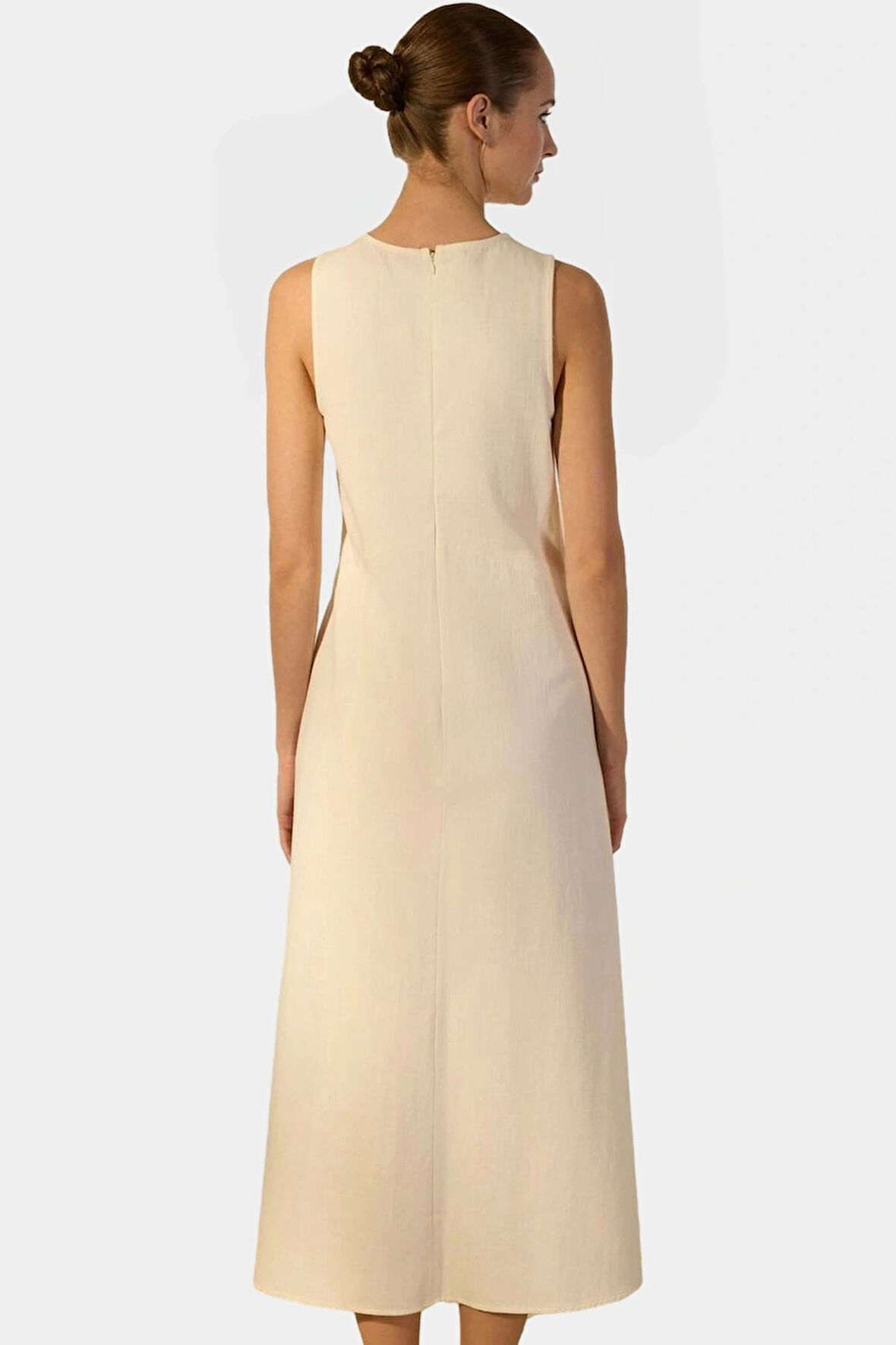 Pamuk Keten Midi Elbise Rahat Kesim Kolsuz Dokuma Kumaş Yazlık Premium Kalite