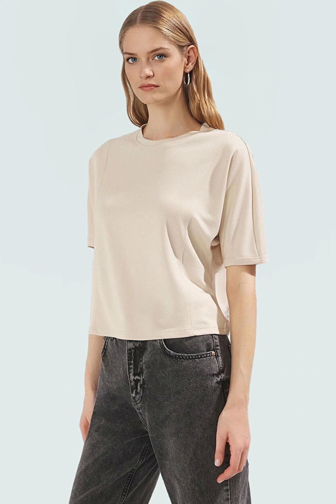 Rahat Kalıp Örme Bluz Scuba Kumaş Bisiklet Yaka Kısa Kollu Crop Model Uzun Ömürlü