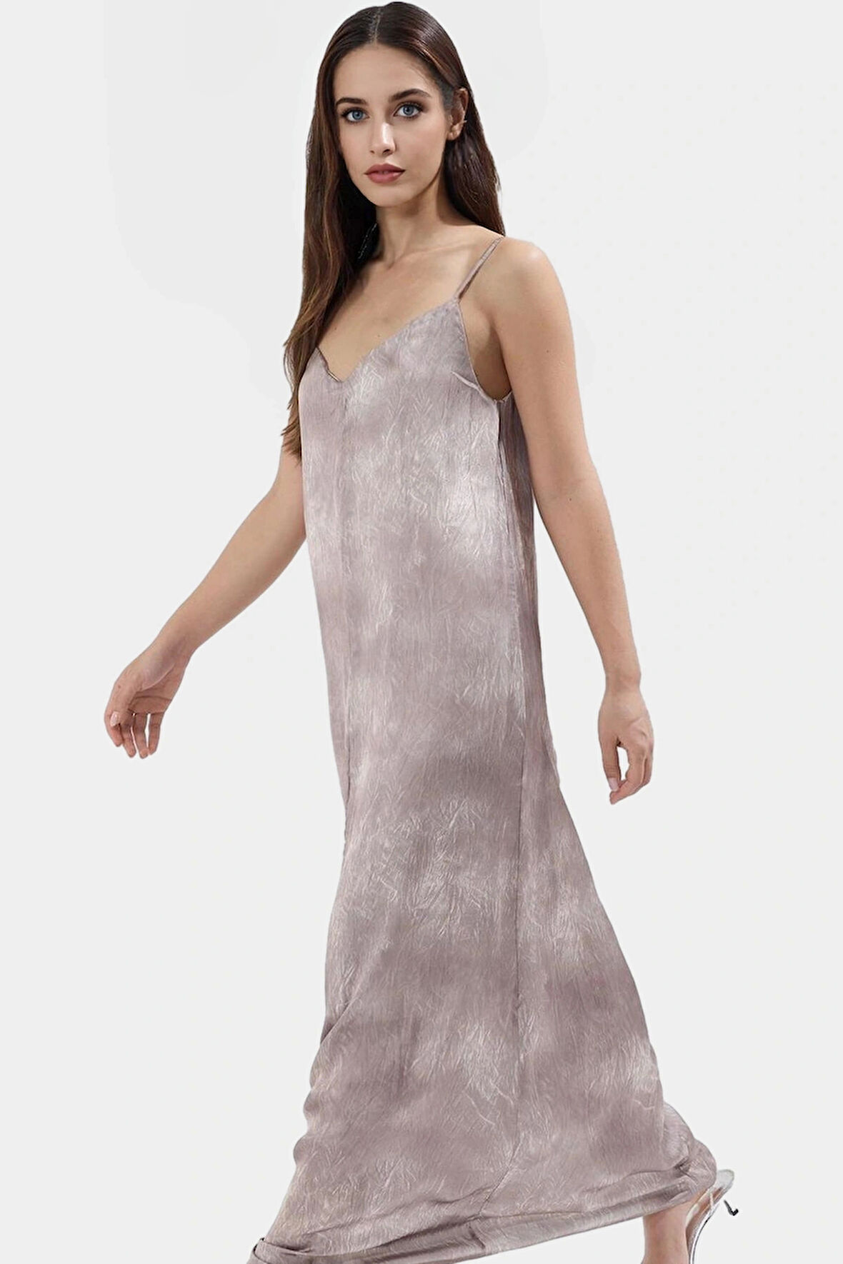 Polyester Saten Maxi Elbise Geniş Kesim V Yaka Soyut Desen Yazlık Modern Stil Seçkin Malzeme