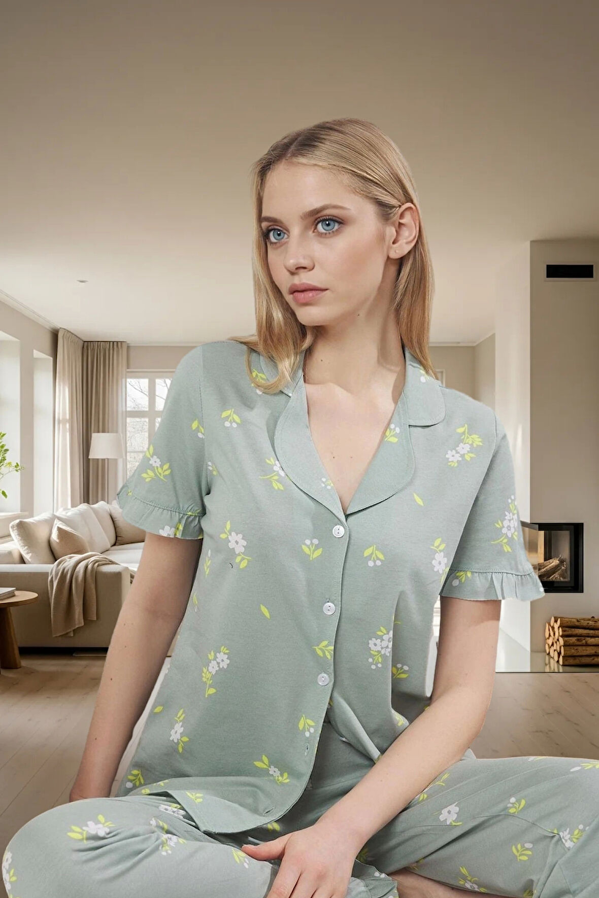 Rahat ve Şık Örme Pamuklu Çiçekli Pijama Takımı Kullanım