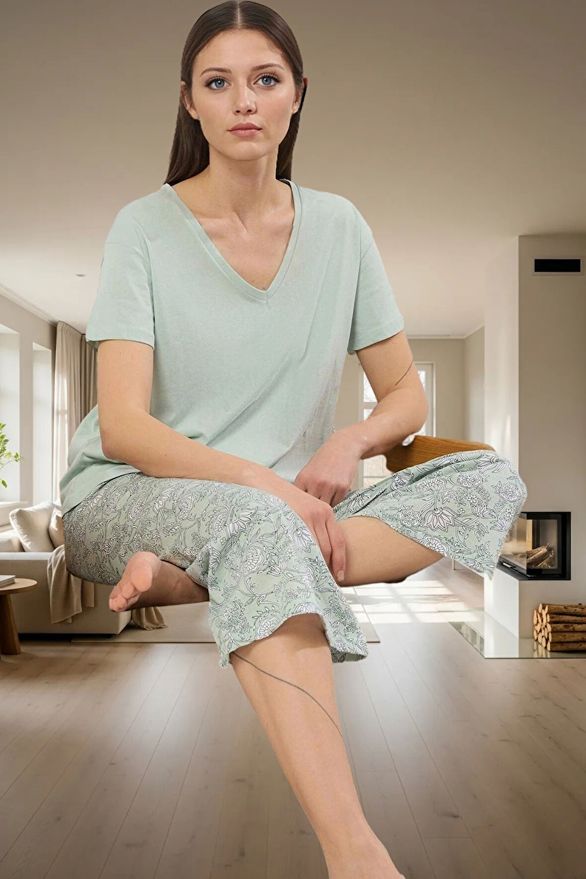 Çiçekli Kapri Pijama Yumuşak Örme Regular Kalıp Trend Tasarım Yüksek Kalite Seçkin Malzeme