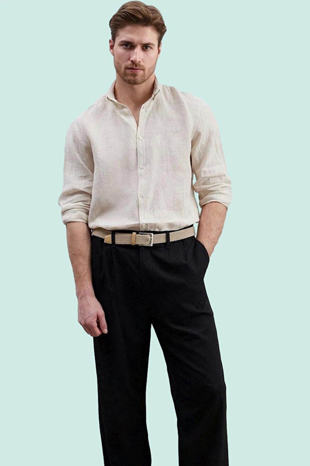Erkek Uzun Kollu Keten Gömlek Regular Fit Klasik Yaka Rahat Yaz Kombinleri Günlük Kullanım