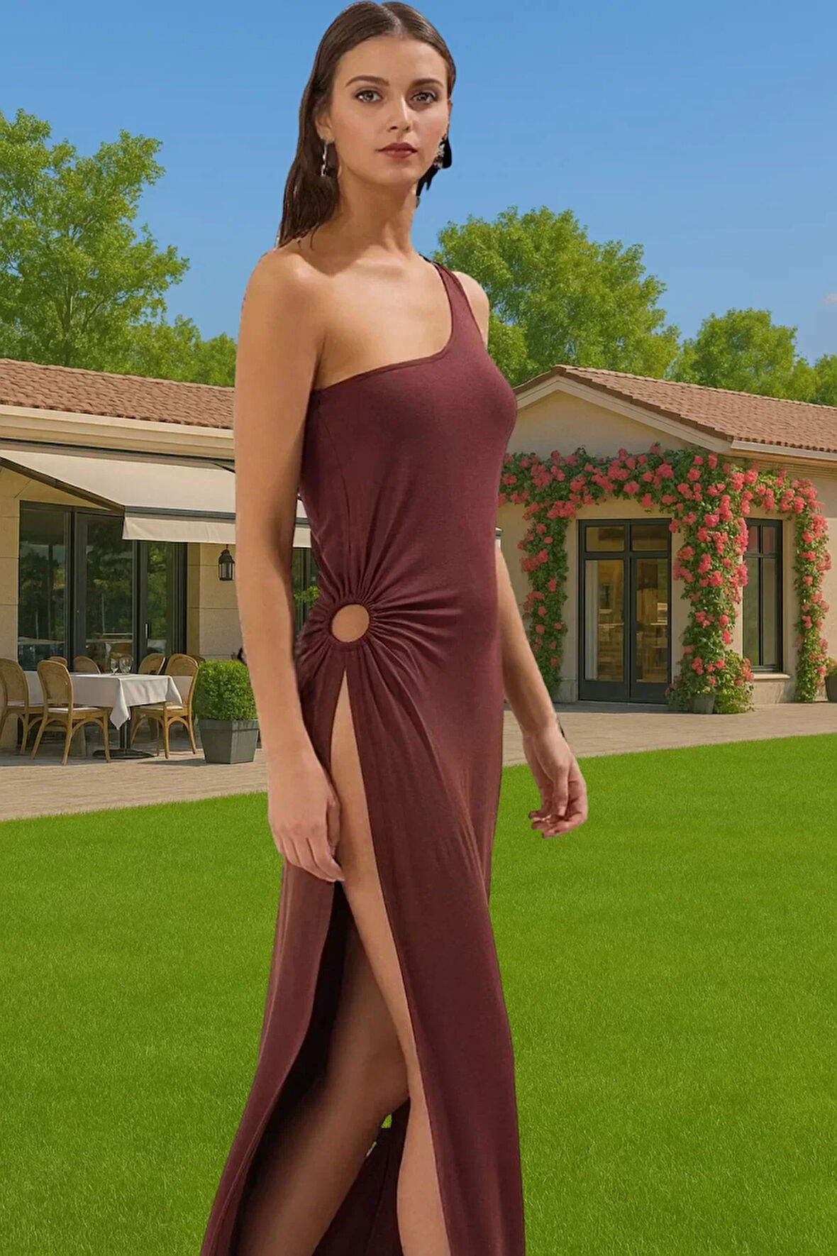 Yazlık Kadın Maxi Elbise Tek Omuz Örme Plaj Elbisesi Mükemmel Uyum Mükemmel Uyum Modern Stil