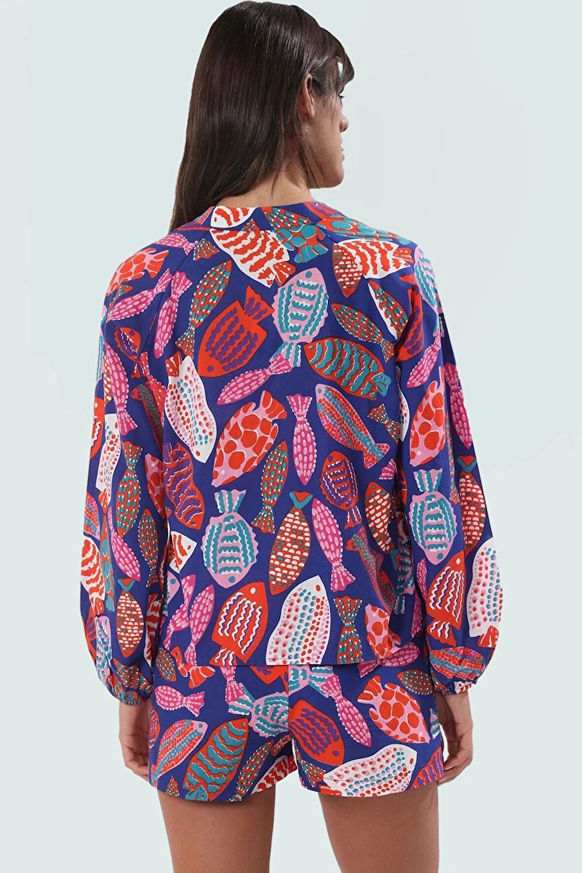 Pamuk Dokuma Vual Kumaşlı Balık Desenli Plaj Takımı Şort Bluz Uzun Kollu Zarifane Tasarım