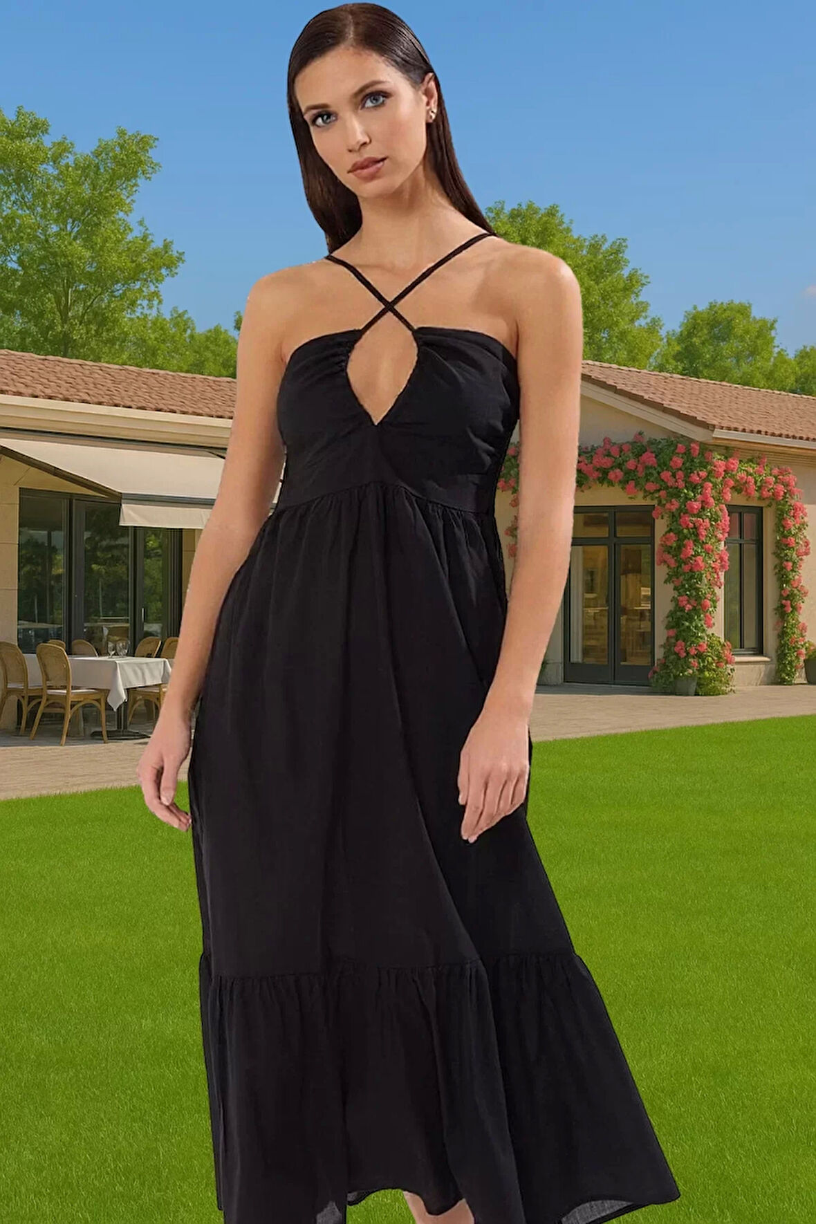 Kadın Bisiklet Yaka Etnik Desenli Pamuk Vual Maxi Elbise Dayanıklı Malzeme Özel Tasarım