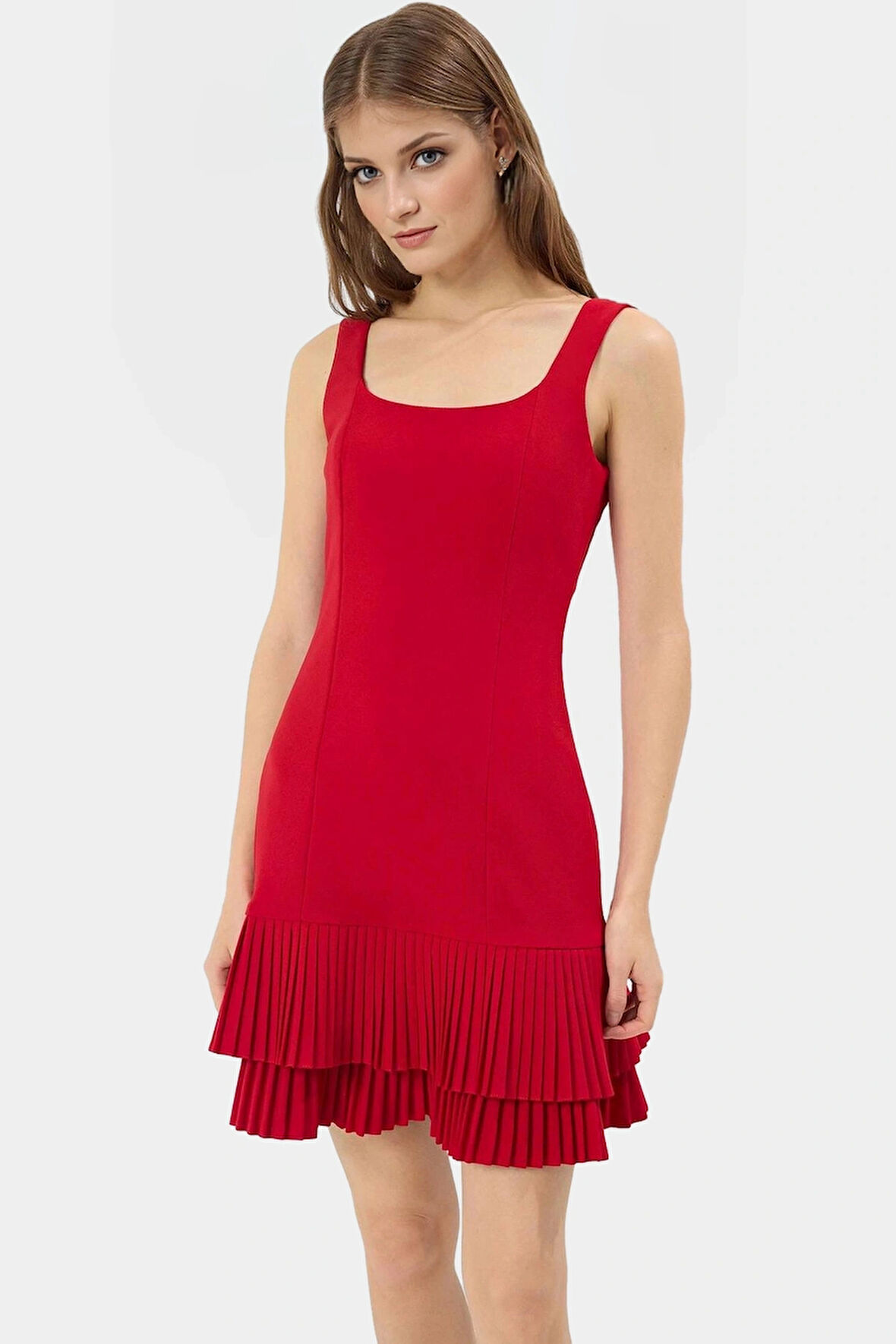 Feminen Mini Elbise Piliseli Kolsuz Skater Kalıp Dokuma Kumaş Dayanıklı Malzeme