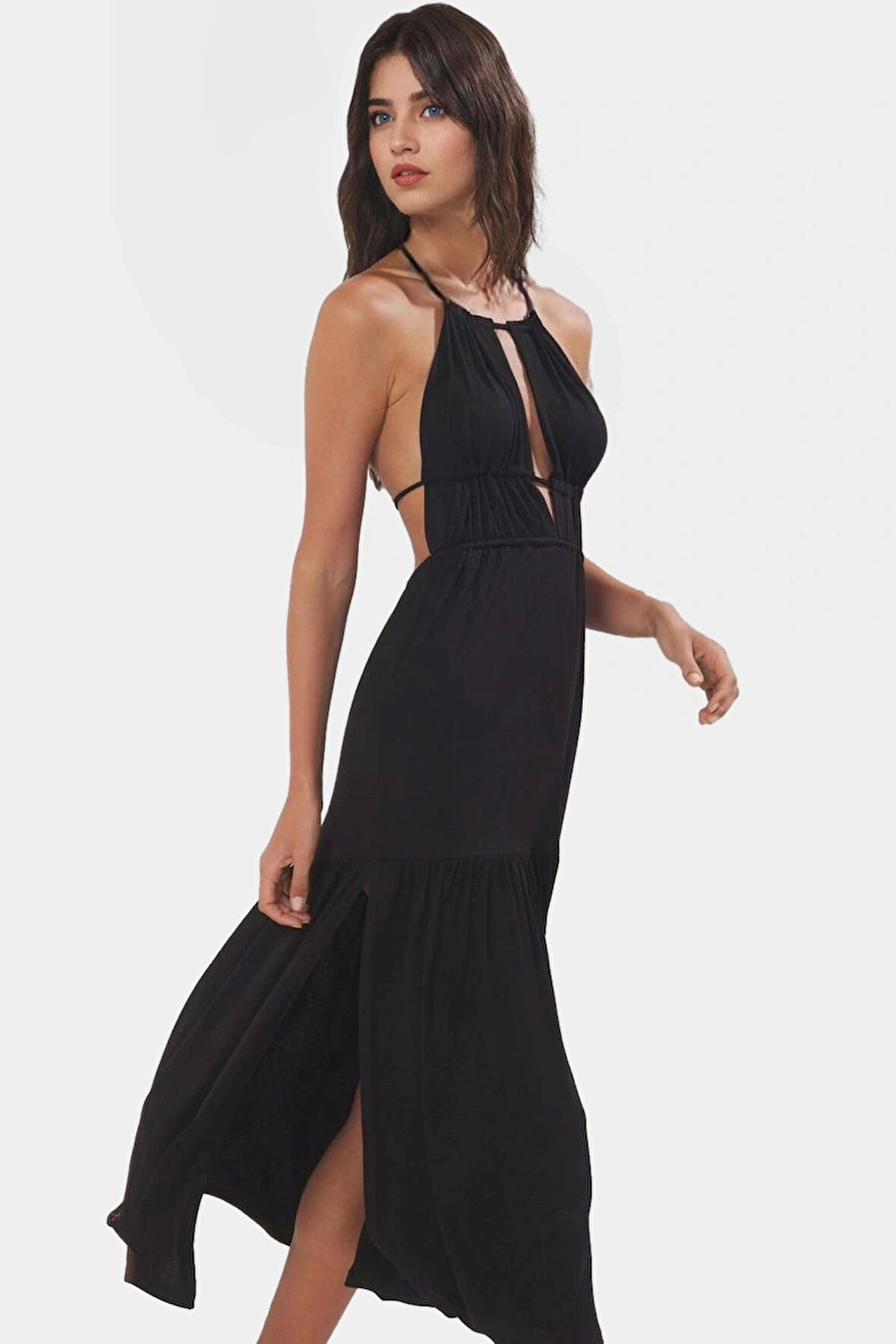 Rahat Viskoz Maxi Elbise Örme Kumaş Bisiklet Yaka Cut Out Detaylı Plaj Şıklığı Modern Stil