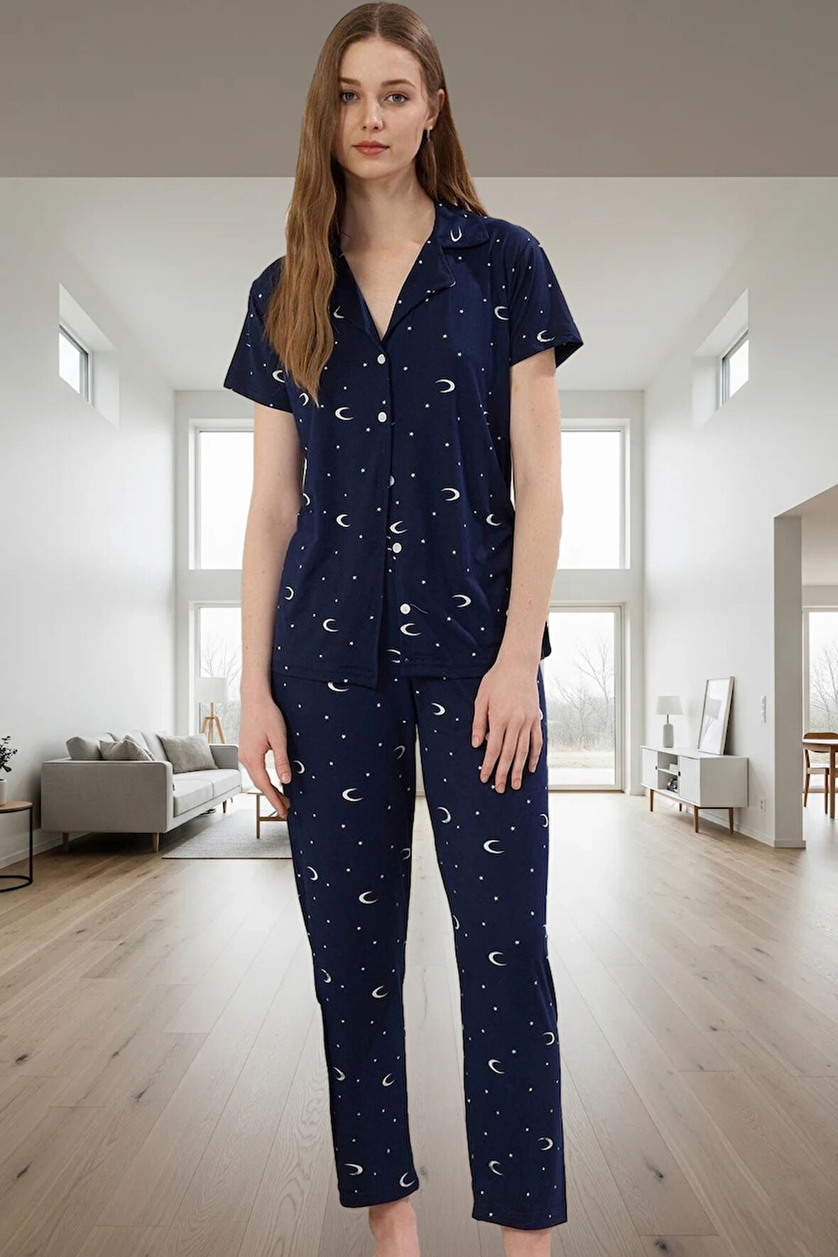 90 Polyester 10 Elastan Pijama Takımı Galaksi Desenli Rahat ve Şık Görünüm