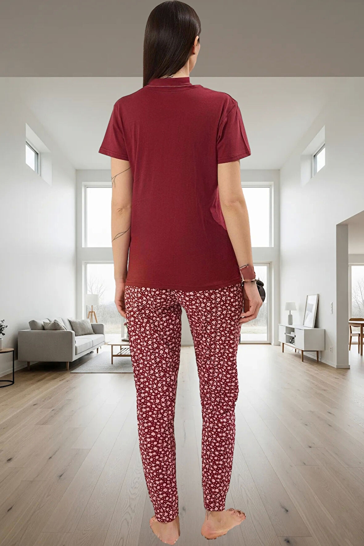 Pamuk Örme Pijama Takımı Çiçek Desenli Rahat Kalıp Evde Konfor Günlük Kullanım İçin