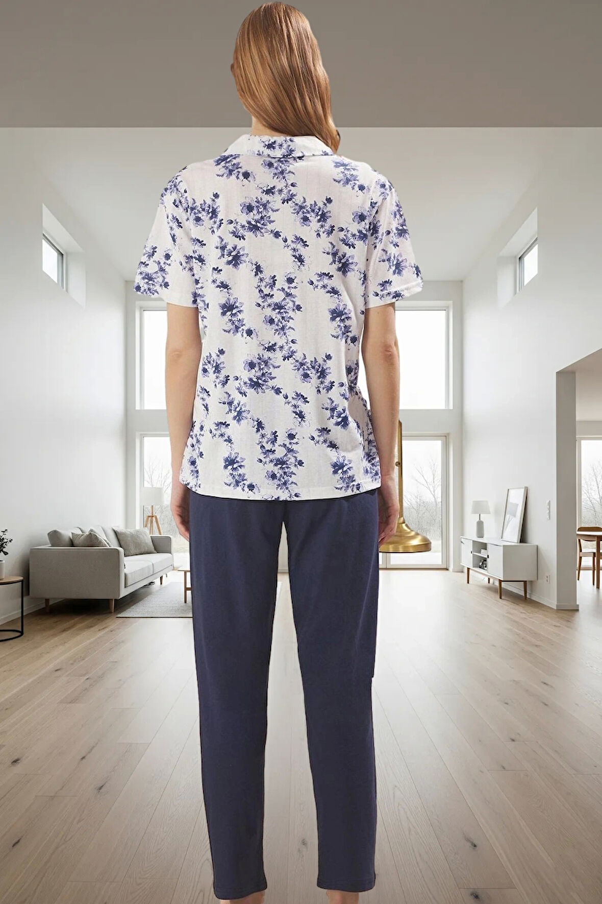 Örme Pamuklu Pijama Takımı Şık Çiçek Desen 2'li Set Yüksek Kalite Rahat Ve