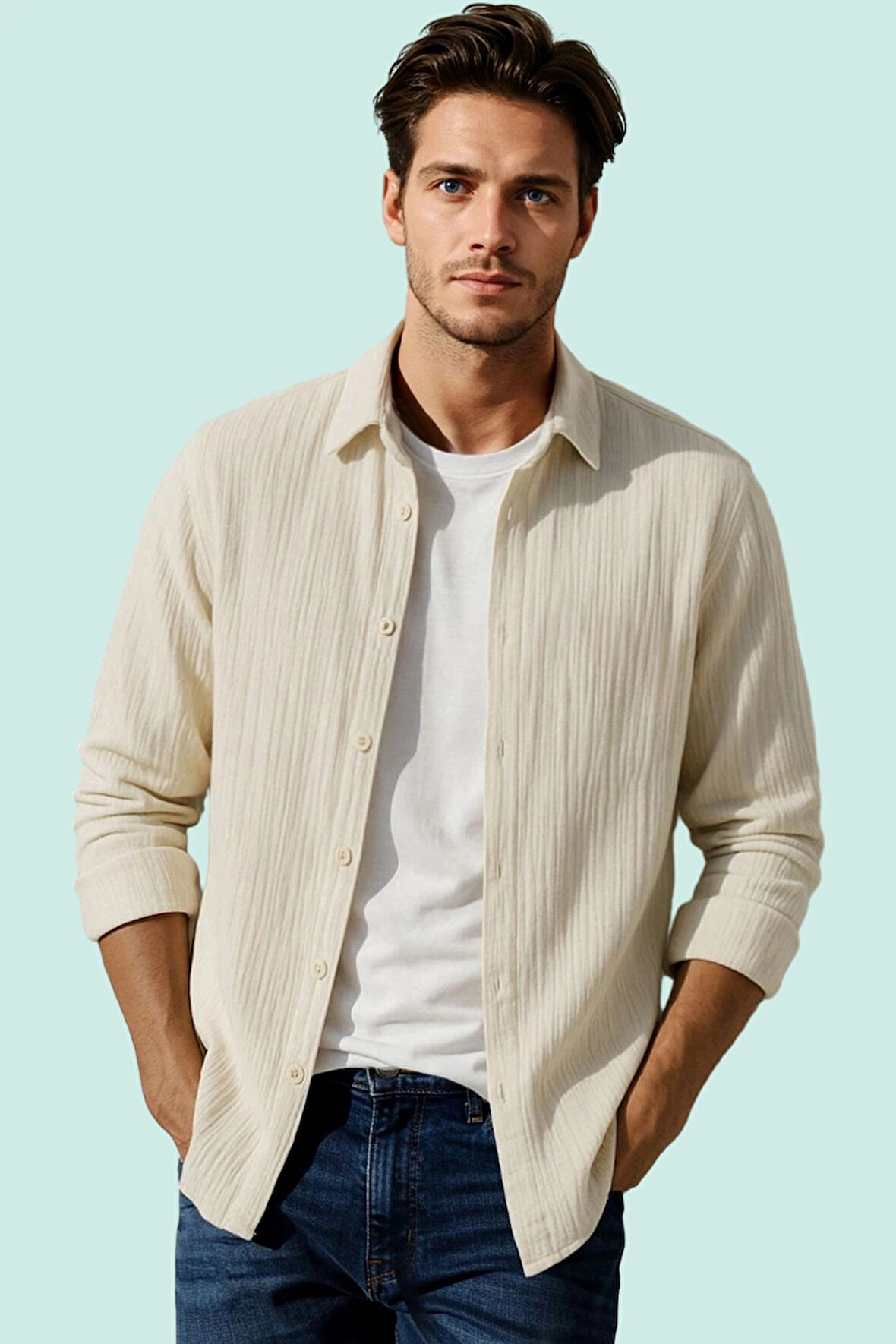 Erkek Casual Stil Pamuk Polyester Jakarlı Gömlek Rahat Kesim Yazlık Yaz Aylarının Vazgeçilmezi