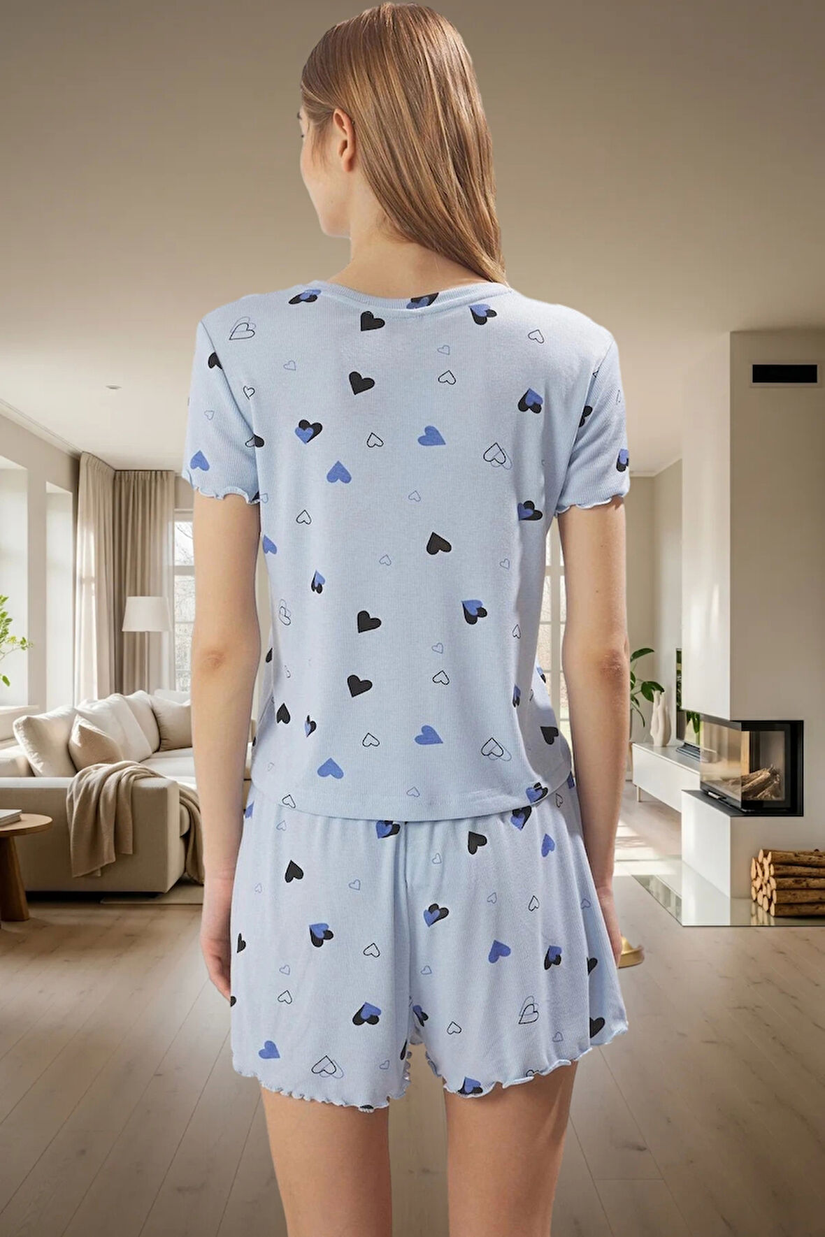 Kalpli Desenli Pijama Takımı Yumuşak Örme Kumaş Lastikli Şort 2'li Takım Premium Kalite