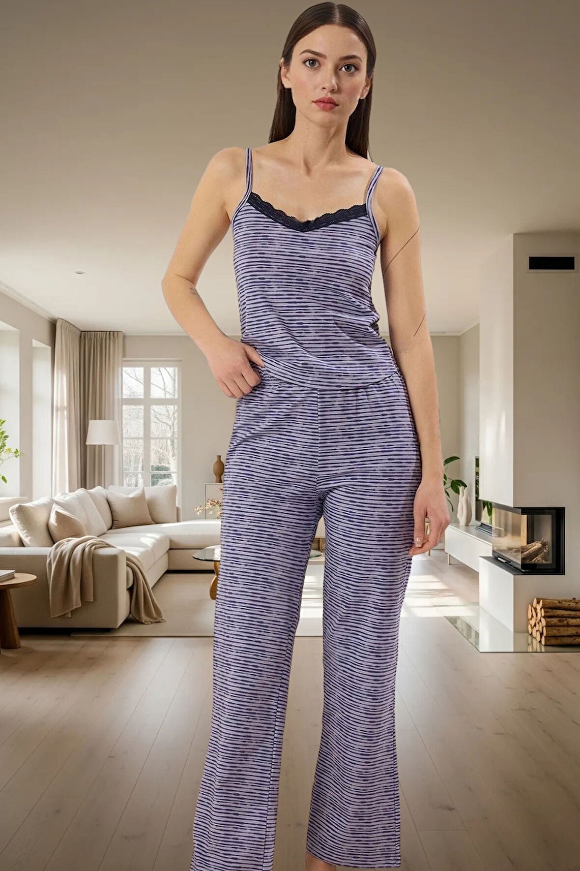 Homewear Çok Dantelli Örme Pijama Takımı Pamuk Regular Kolsuz Yüksek Kalite