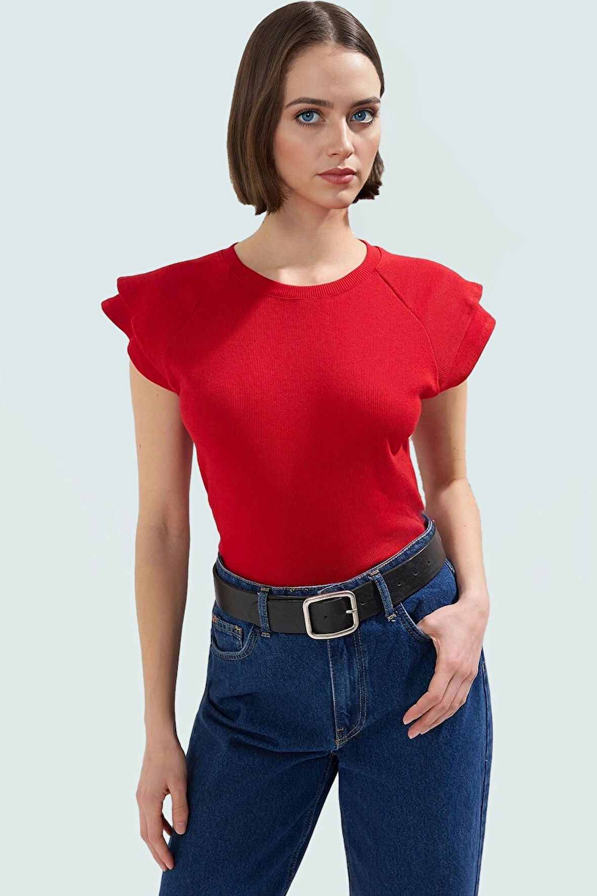 Rahat Pamuklu Bluz Bisiklet Yaka Fitted Kalıp Kısa Kollu Yüksek Kalite Kullanım