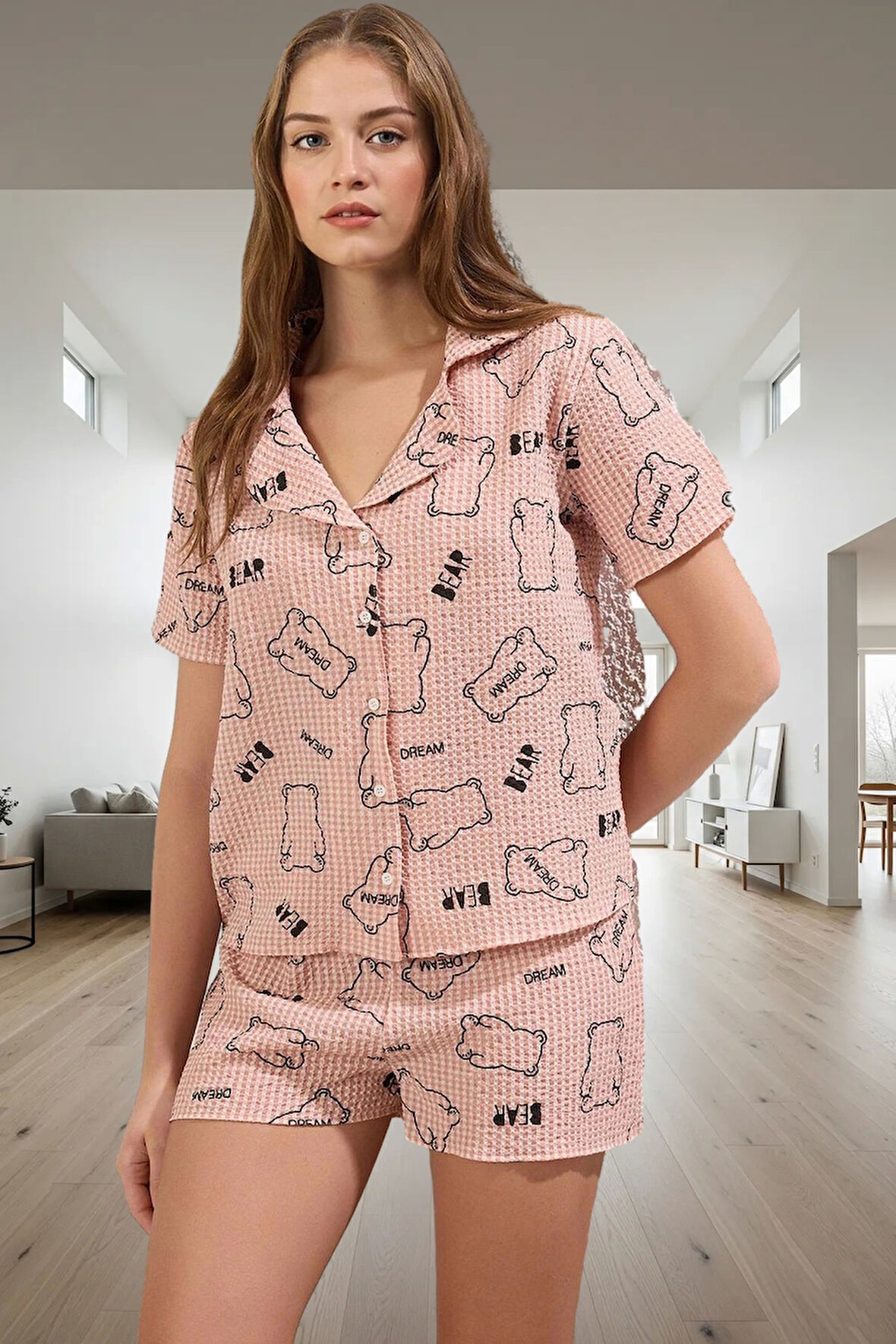 2'li Ayıcıklı Gömlek Şort Pijama Takımı Yazlık Gofre Dokuma Günlük Kullanım İçin