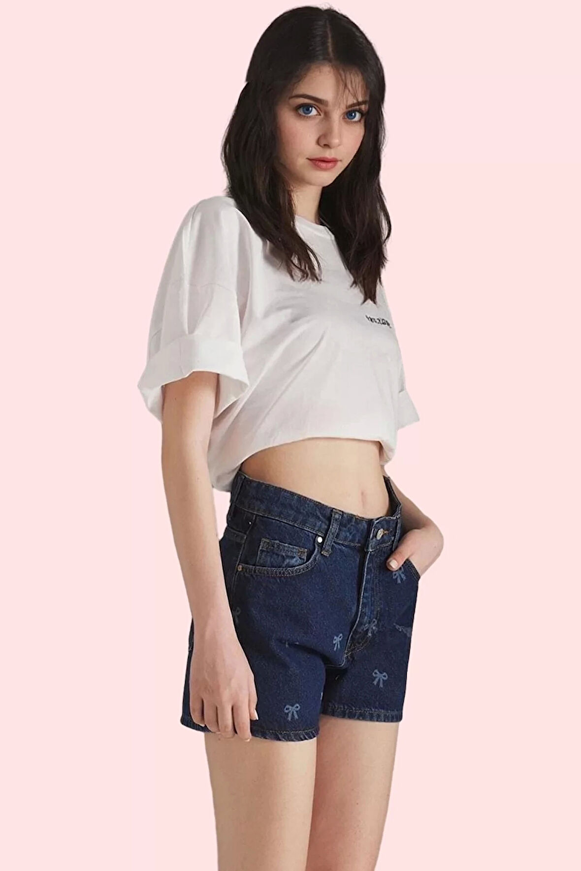 Kadın Baskılı Desenli Denim Şort Yüksek Bel Straight Kalıp Pamuk Yazlık Yaz Aylarının Vazgeçilmezi