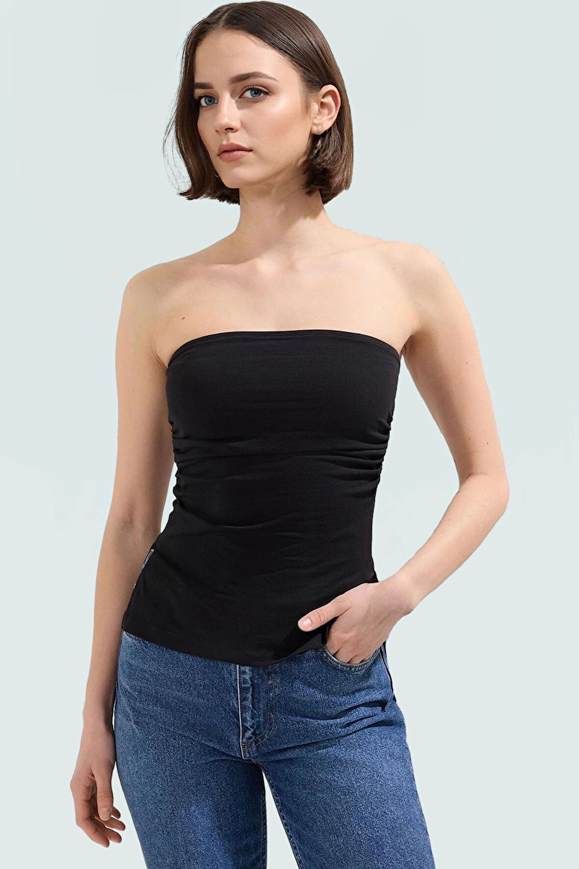 Basic Straplez Kolsuz Bluz %95 Pamuk Örme Kumaş Fitted Uzun Ömürlü Trend Tasarım