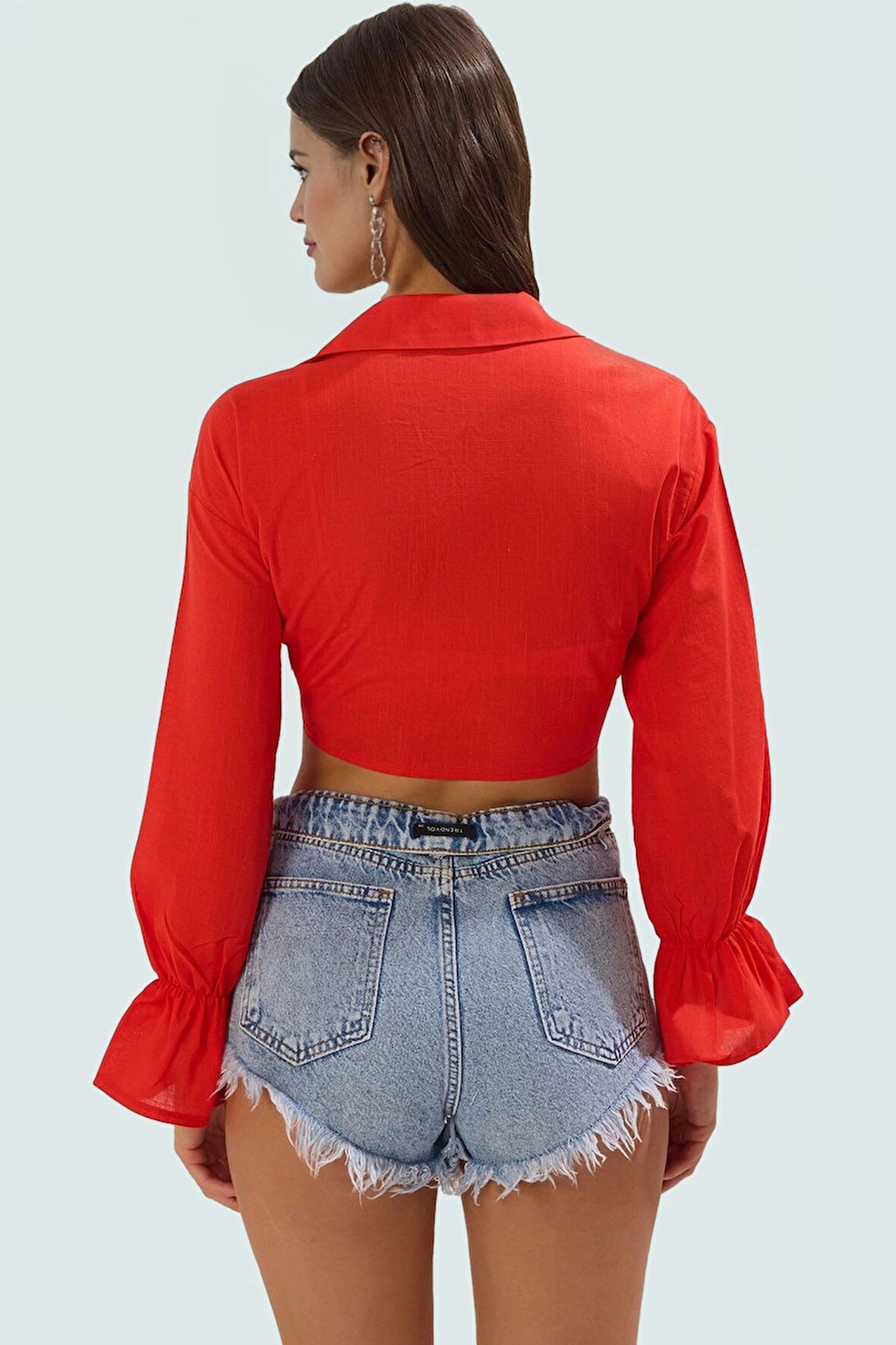 Plaj için Örme Bluz %100 Pamuk Crop Kesim Gömlek Yaka Uzun Ömürlü Özenle Seçilmiş